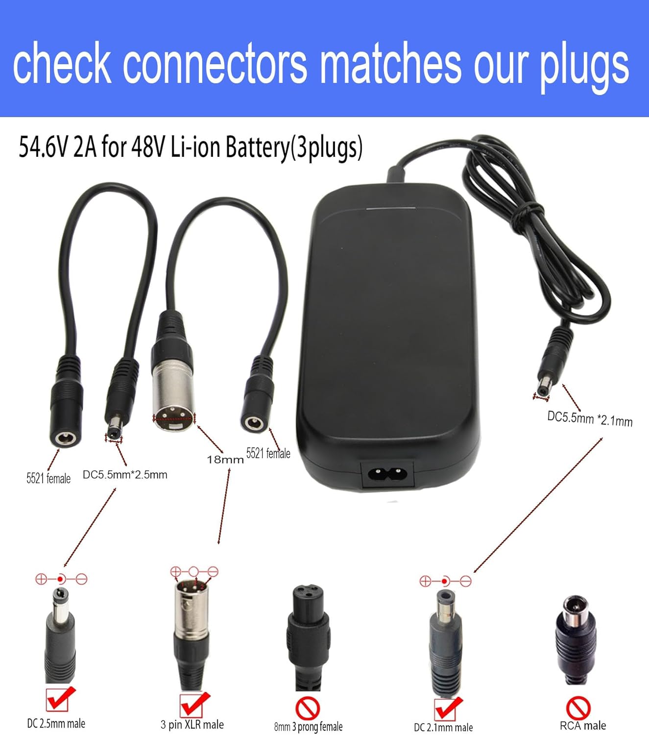 54.6V 2A Lithium Battery Charger 54.6V Power Supply for 48V 13S Battery of Electric Bike Pedicab Bicycle with DC 5.5mm 1 Prong Plug to 3-Pin Male XLR Connector