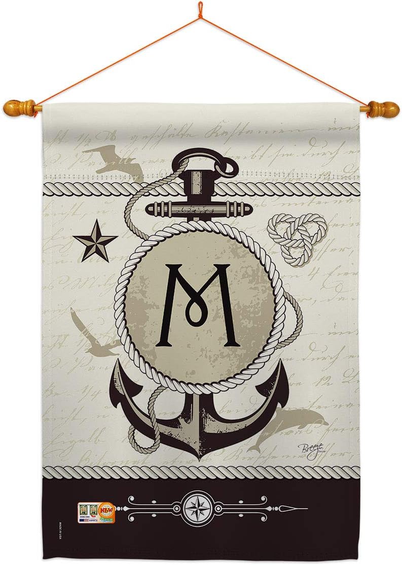 Nautical M Initial House Flag Dowel Set Monogram Coastal Anchor Sailor Sea Shells Outdoor Summer Ocean Small Decorative Gift Yard Banner Double-Sided Made In USA 28 X 40