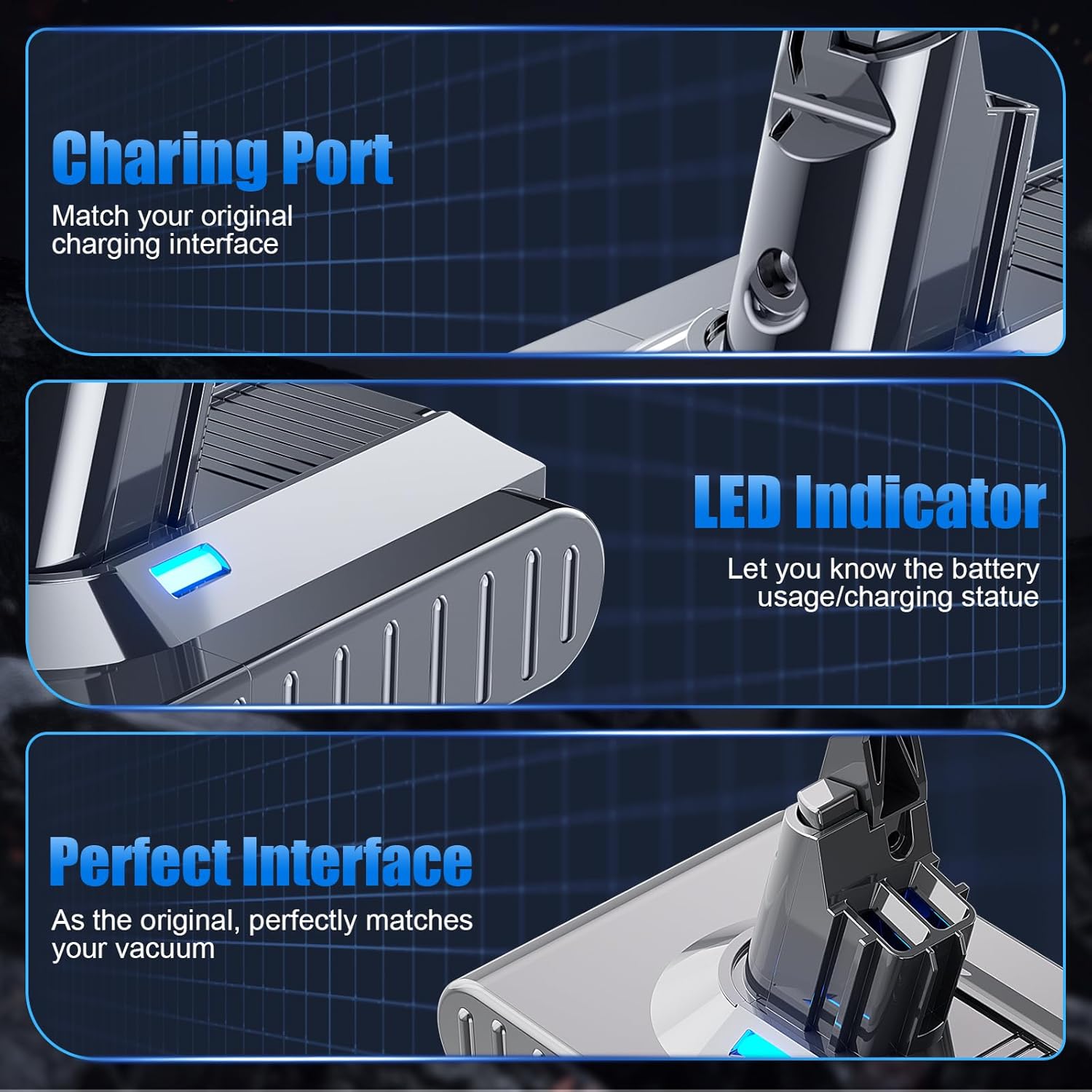 Close-up of the POWTREE V8 battery showing the charging port, LED indicator, and perfect interface for Dyson V8 vacuums.