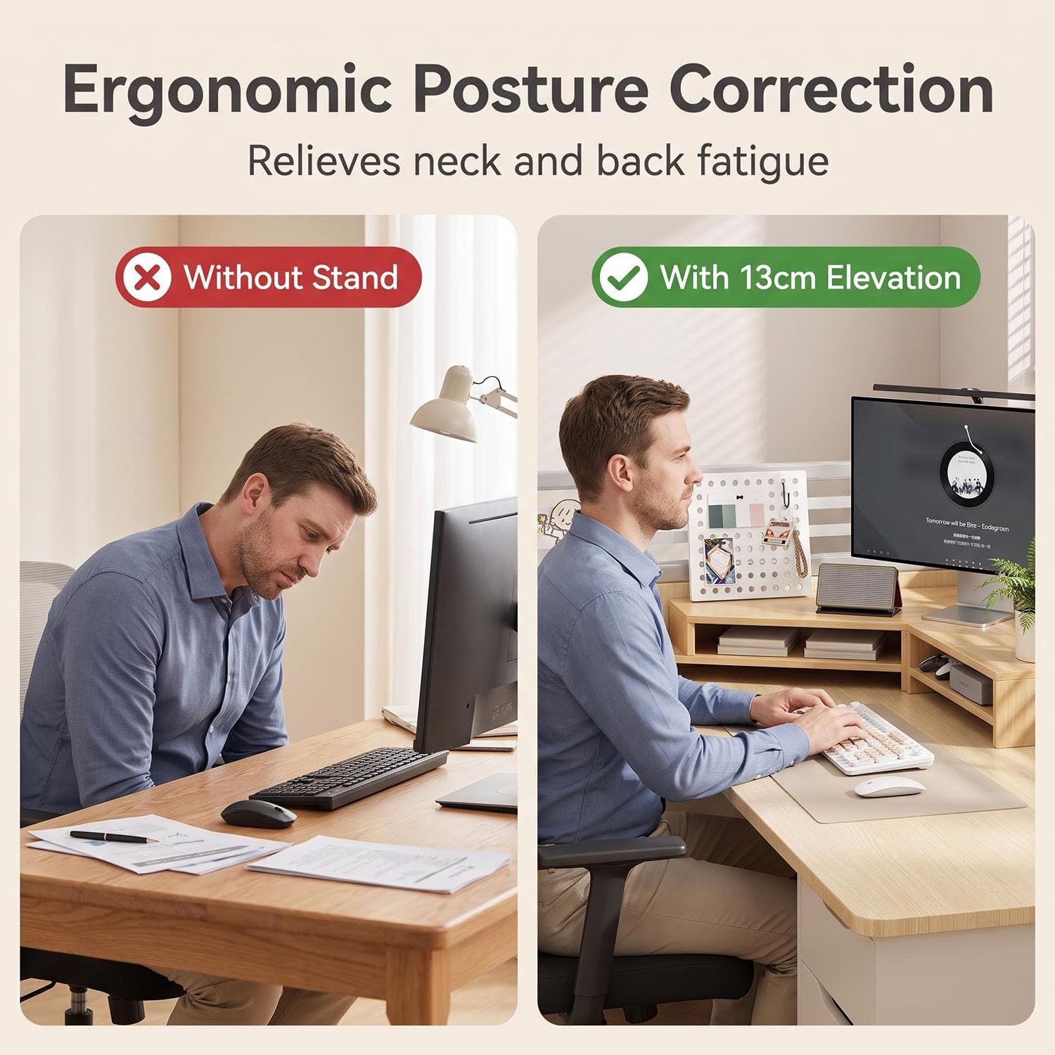 Wooden Monitor Stand, Built-In Storage, for Study Office Display