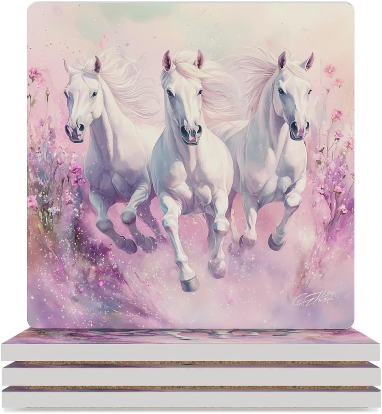 White Horses Ceramic Coasters Square Drinks Coaster Coffee Table Decor Table Coaster for Home Bar