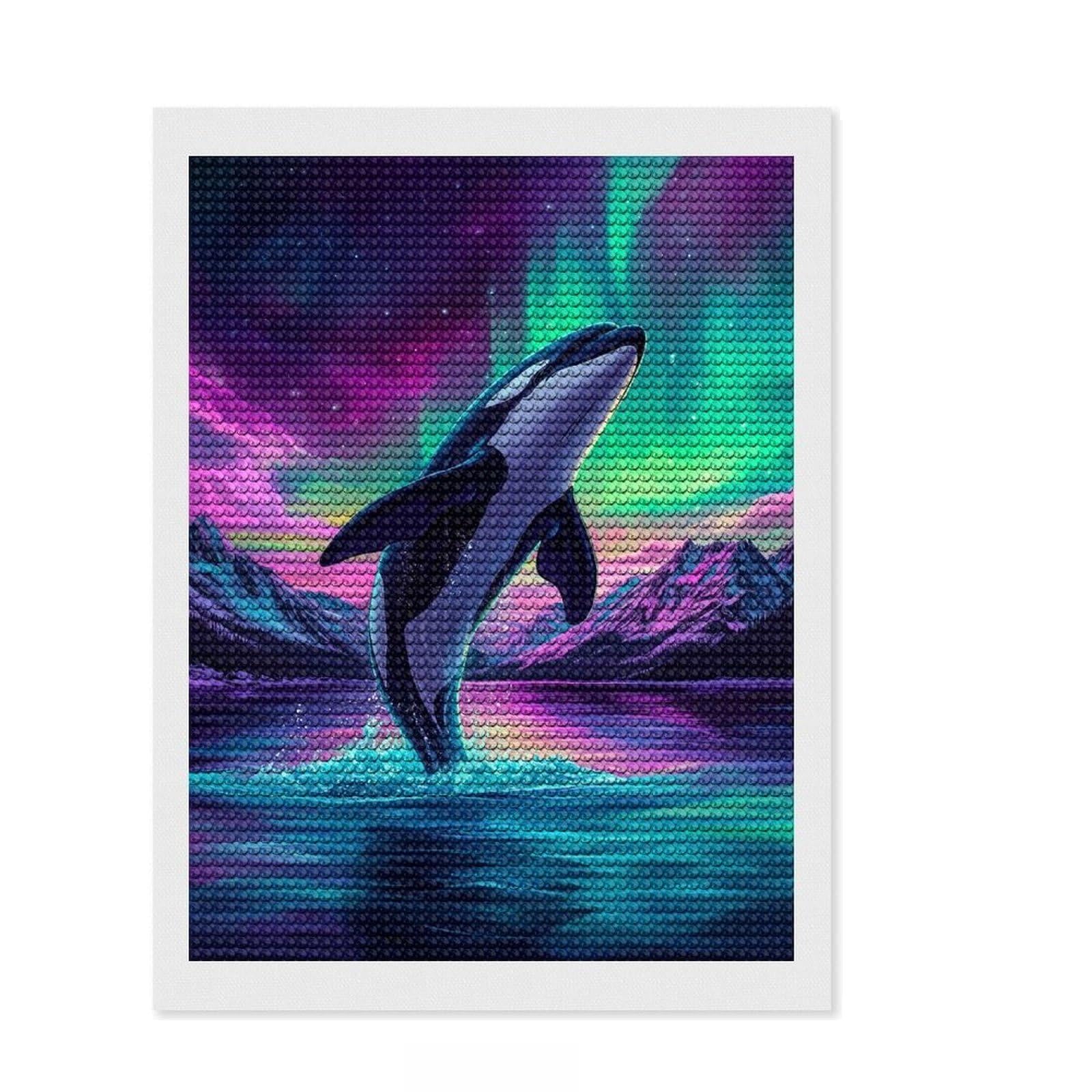 Junmoney Orca Under Aurora Borealis Diamond Painting Set 12"x16", Adhesive Canvas, Finish and Display, Office Decor, Birthday Gift, Sparkling Round Gems