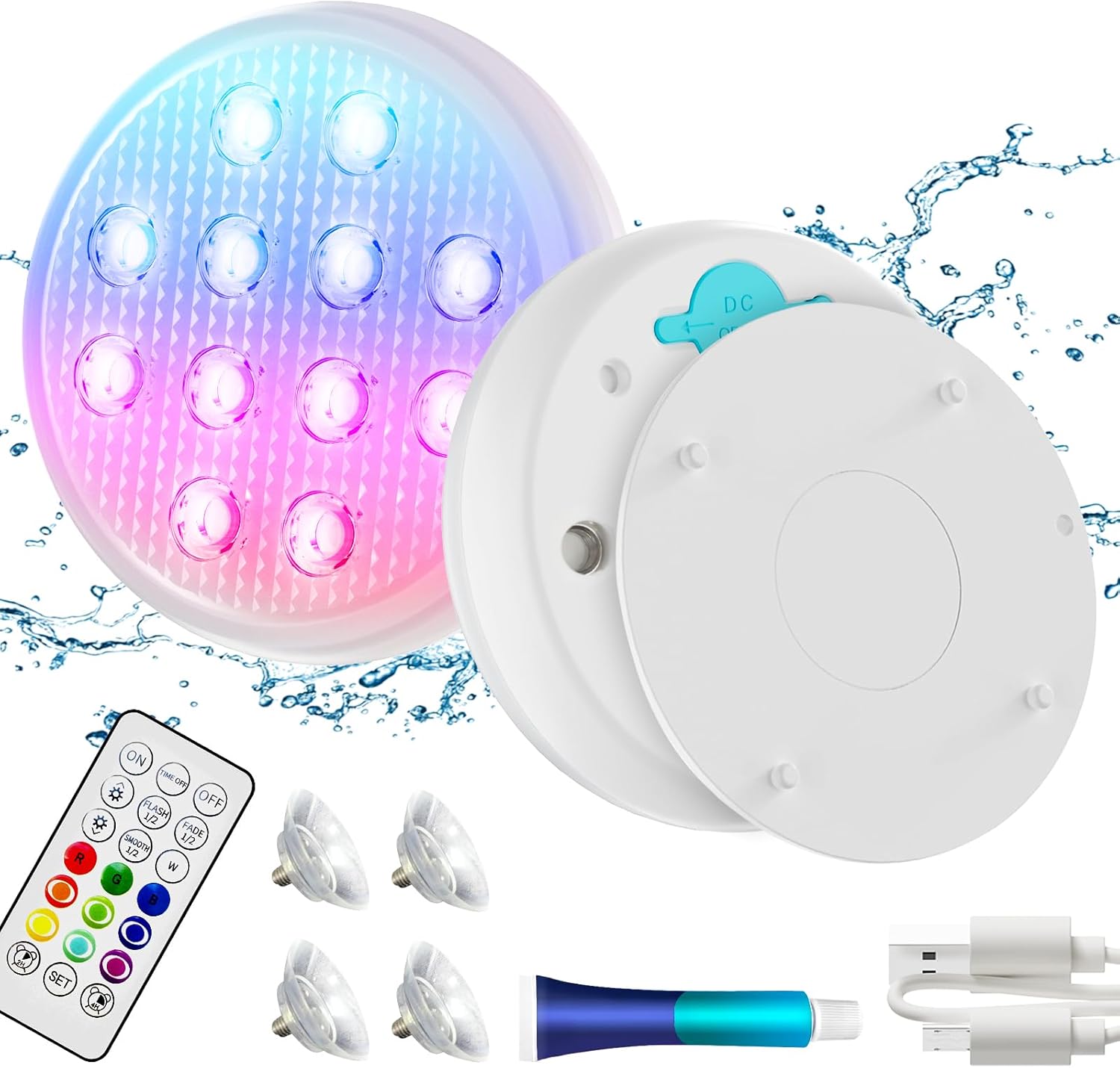 BOXPSII Pool Lights(2 Pack),Rechargeable Submersible LED Lights with Remote,IP68 Waterproof 16 Color LED Floating Pool Lights with Magnet, Suction Cups for Above Ground Inground Pool,Pond,Bathtub