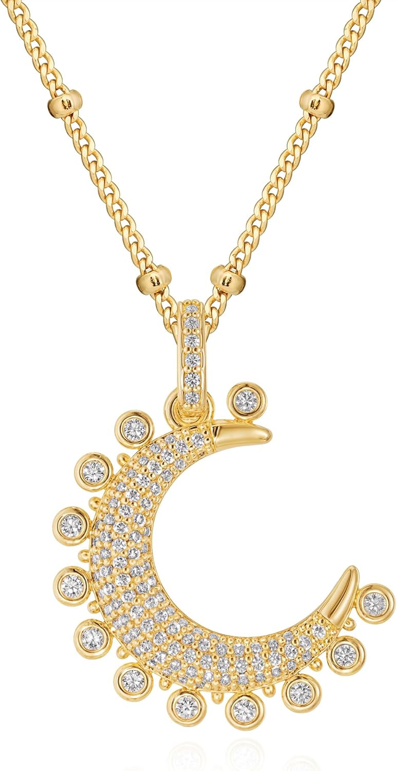 MTMY Gold Moon Pendant Necklace for Women,14K Gold Plated Dainty Chain Crescent Moon Sun Star Necklace Jewelry