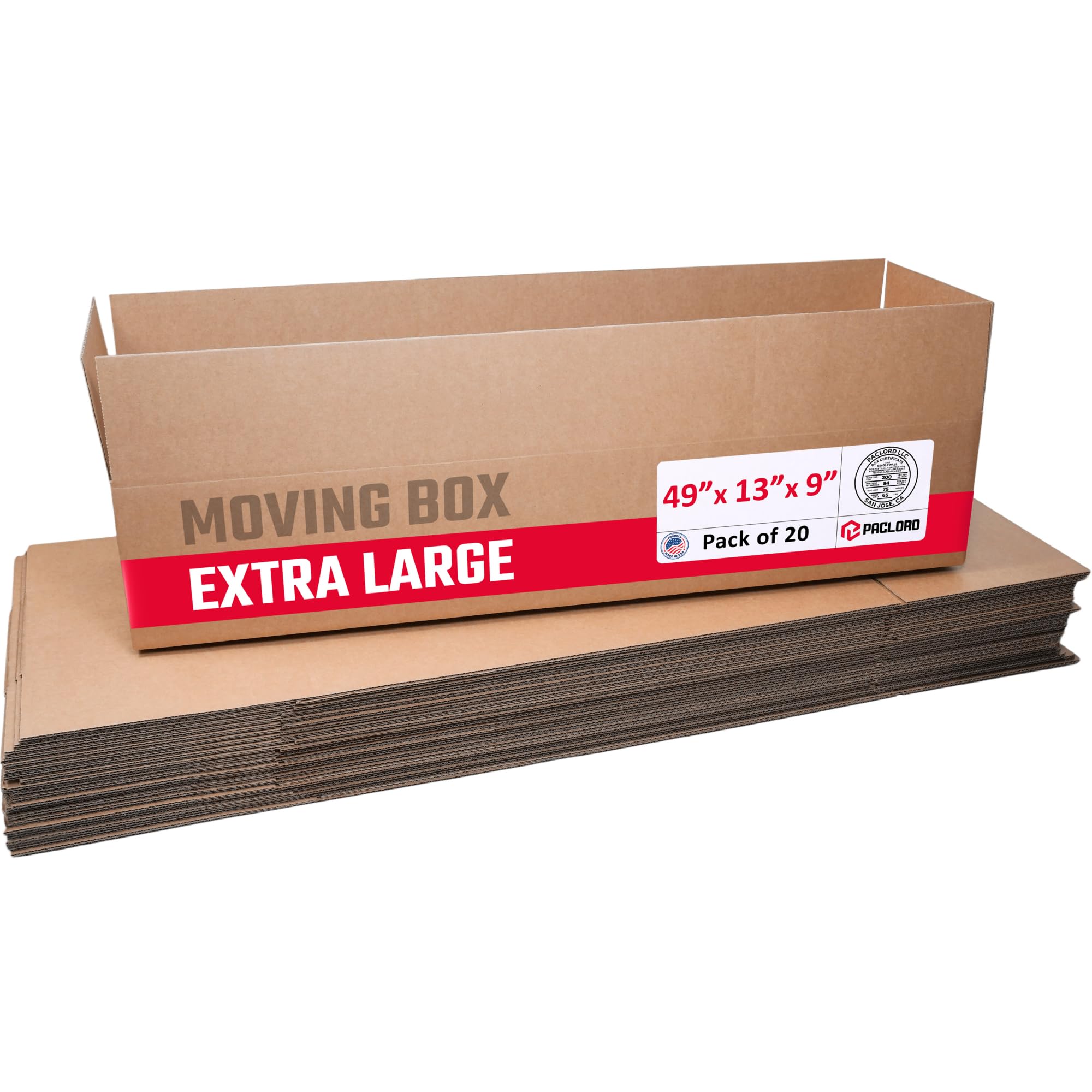 Extra Large Moving Boxes 49"L x 13"W x 9"H, Pack of 20 | USA-Made Cardboard Packing Boxes for Moving, Shipping, or Storage - USPS, UPS, FedEx Approved - Professional Packing