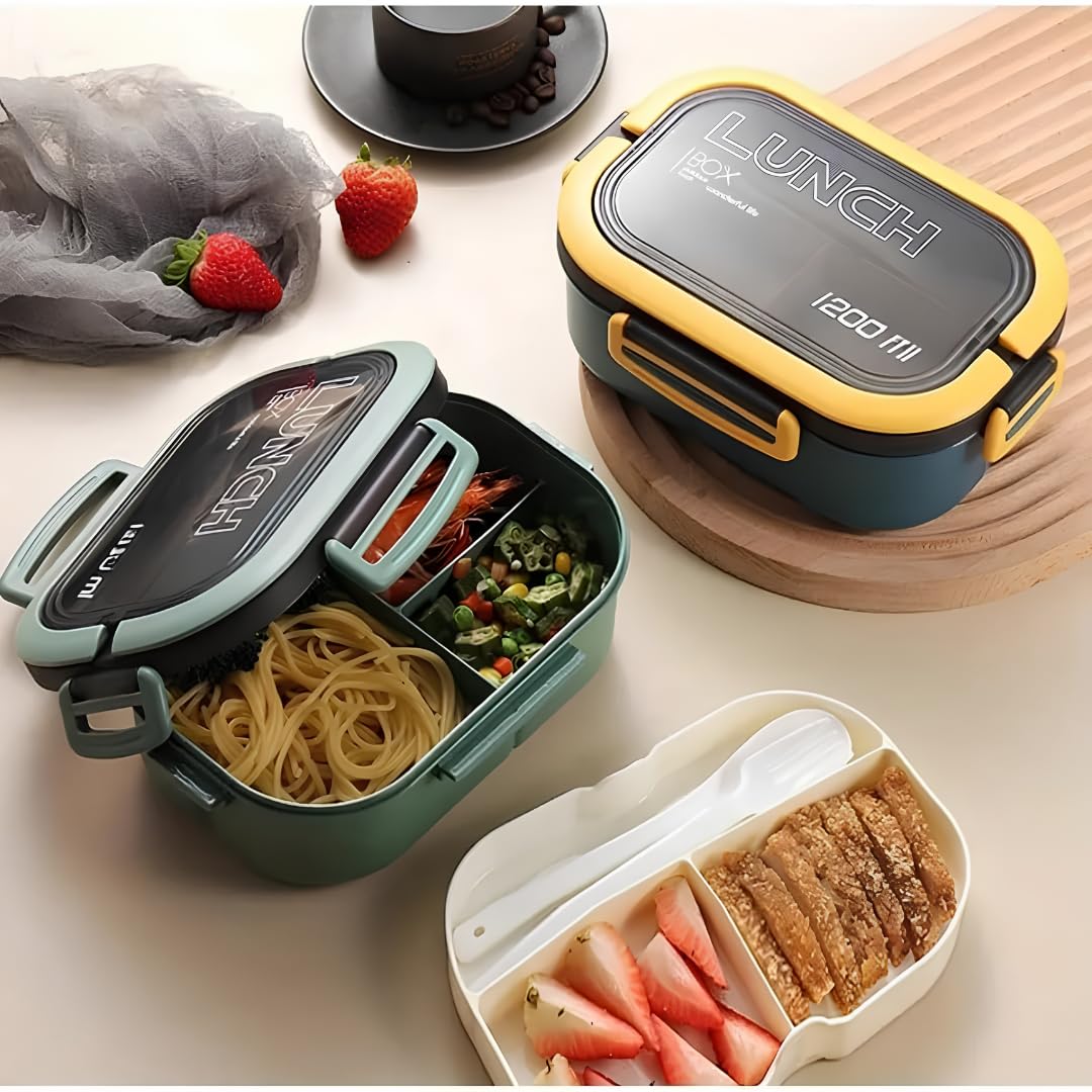 Jouis Beslenme Kutusu 1200 ml 2 Katlı 6 Bölmeli BPA'sız PP Plastik Sefer Tası ve Beslenme Çantası - Lunch Box, ÇATAL KAŞIK ve BIÇAK Dahil Okul Beslenme (Yeşil)