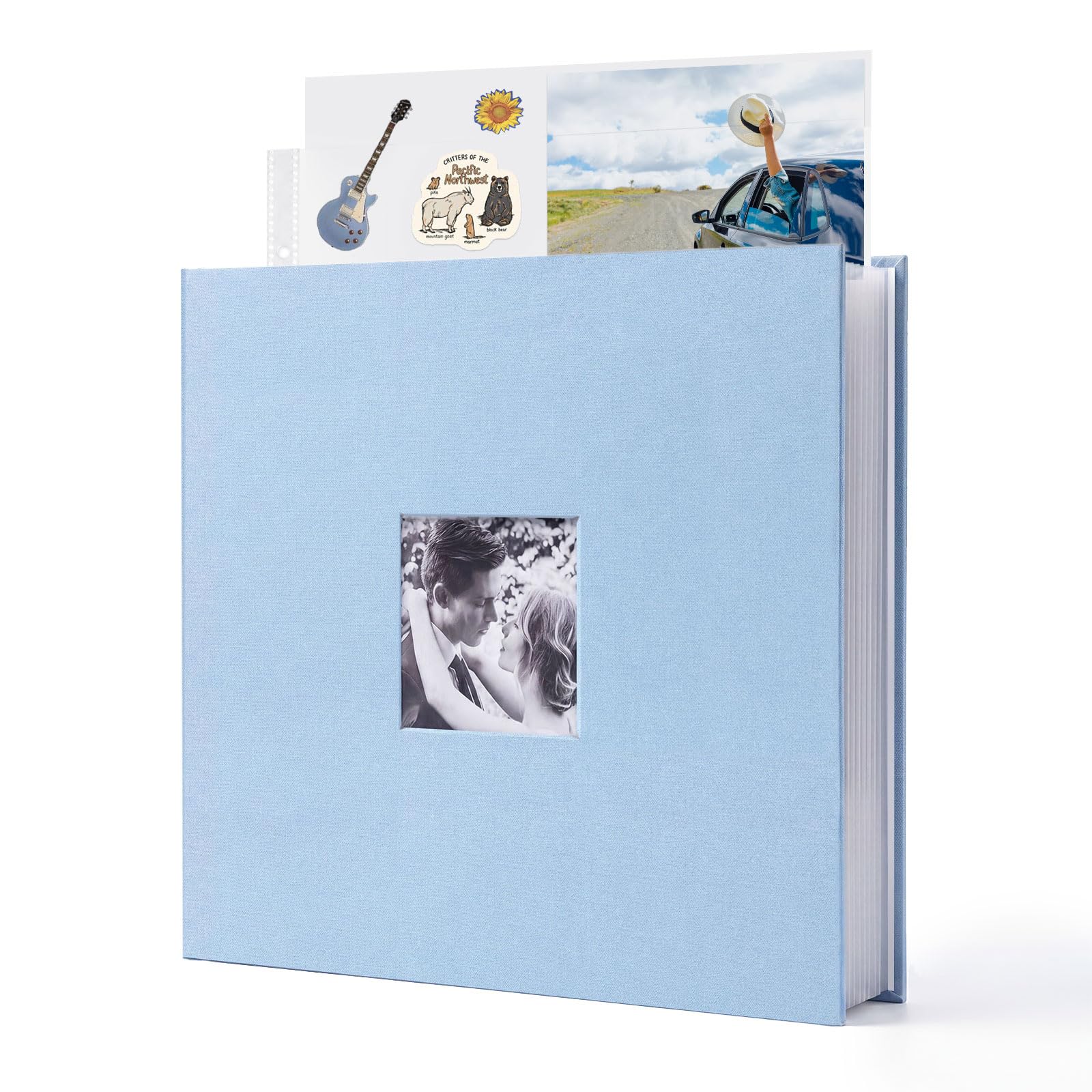 Grand album photo à 3 anneaux de 30,5 x 30,5 cm, couverture en lin avec 30 pochettes en plastique, 60 pages blanches pour mariage, couple, bébé, voyage, femmes, enfants (brouillard bleu)