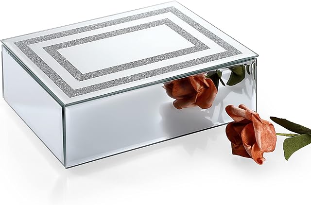 IGNPION Glass Mirrored Jewelry Box Crushed Diamante Modern Silver Trinket Storage Box Earrings Rings Jewelry Keepsake Display Case Birthday, Wedding, Mothers Days Gifts