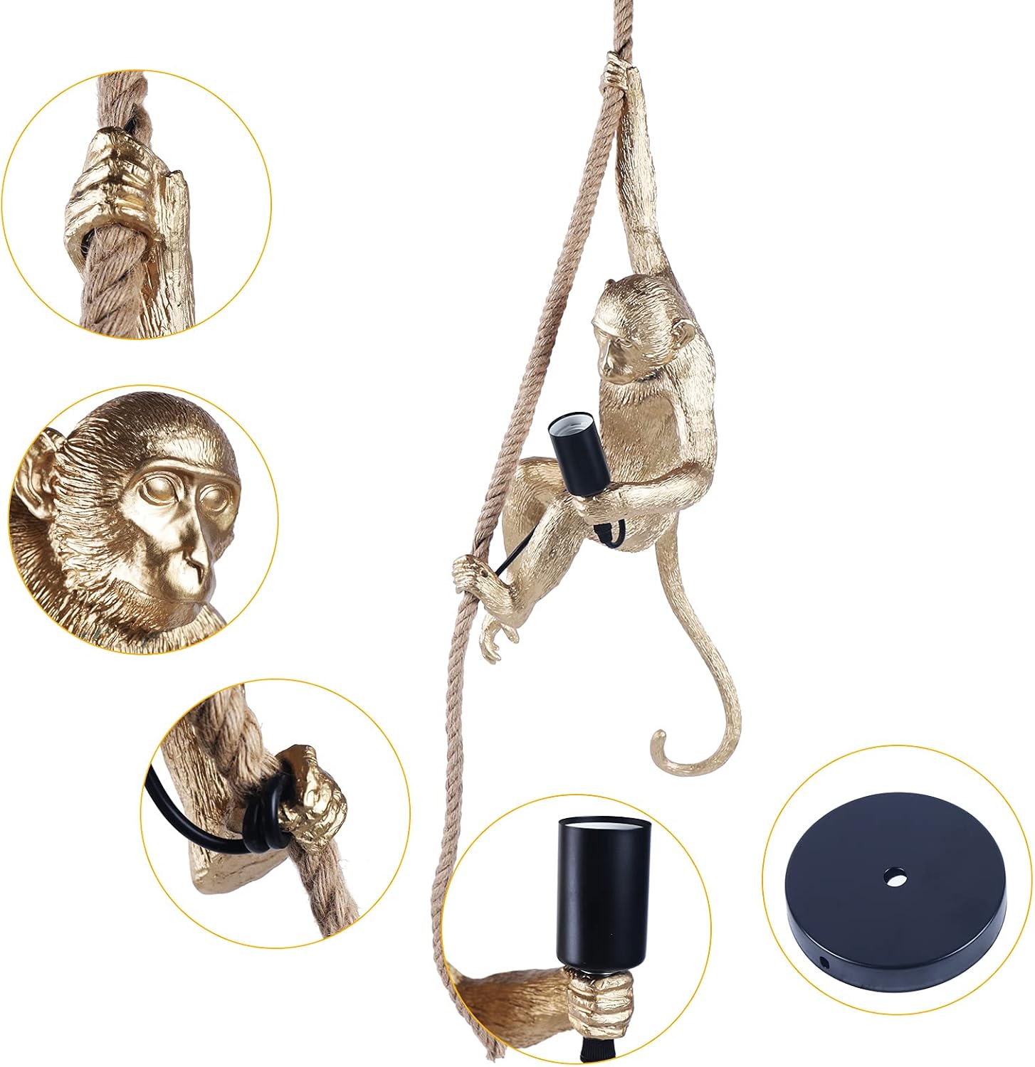 TFCFL Resin Monkey Pendant Light with Hemp Rope, Industrial Edison Retro Chandelier, E27 Hanging Lamp Fixture for Indoor Creative Decor & Lighting, 13.7 * 78.7 Inches (Pendant Light - Golden)
