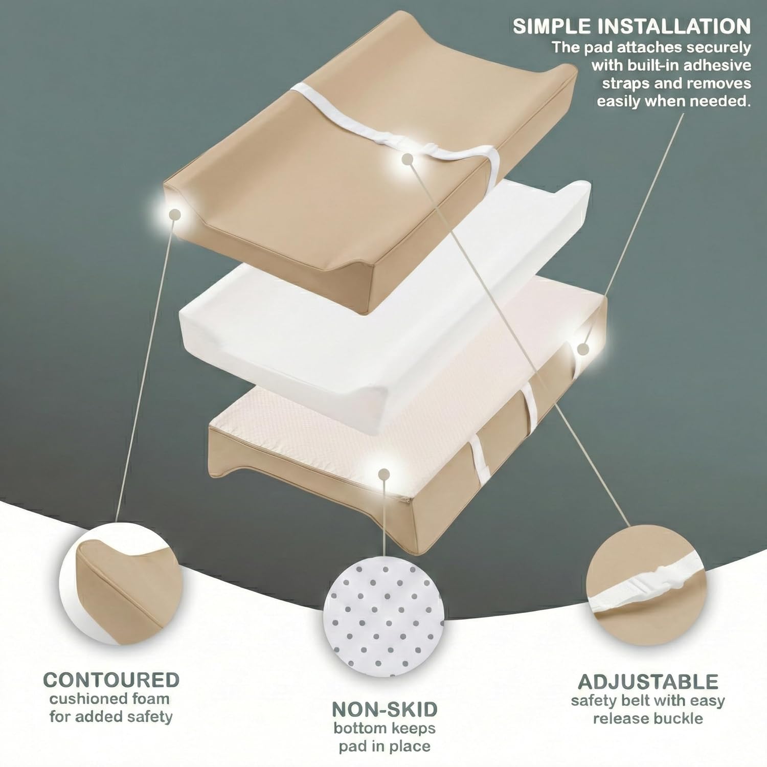 Vegan Leather Contoured Baby Changing Pad | Waterproof & Wipe-Clean PU Leather Diaper Change Mat, Soft, Wipeable Cover, Safety Strap, Non-Slip Bottom, Topper for Standard Infant Diaper Table & Dresser