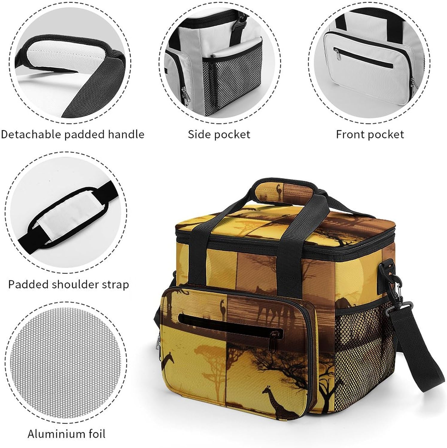 Camping Ice Pack, African Grassland Animals Print Cooler Bag, 22.5L Large Capacity Insulated Lunch Tote Bag for Outdoor, Picnic, BBQ, Travel, Work