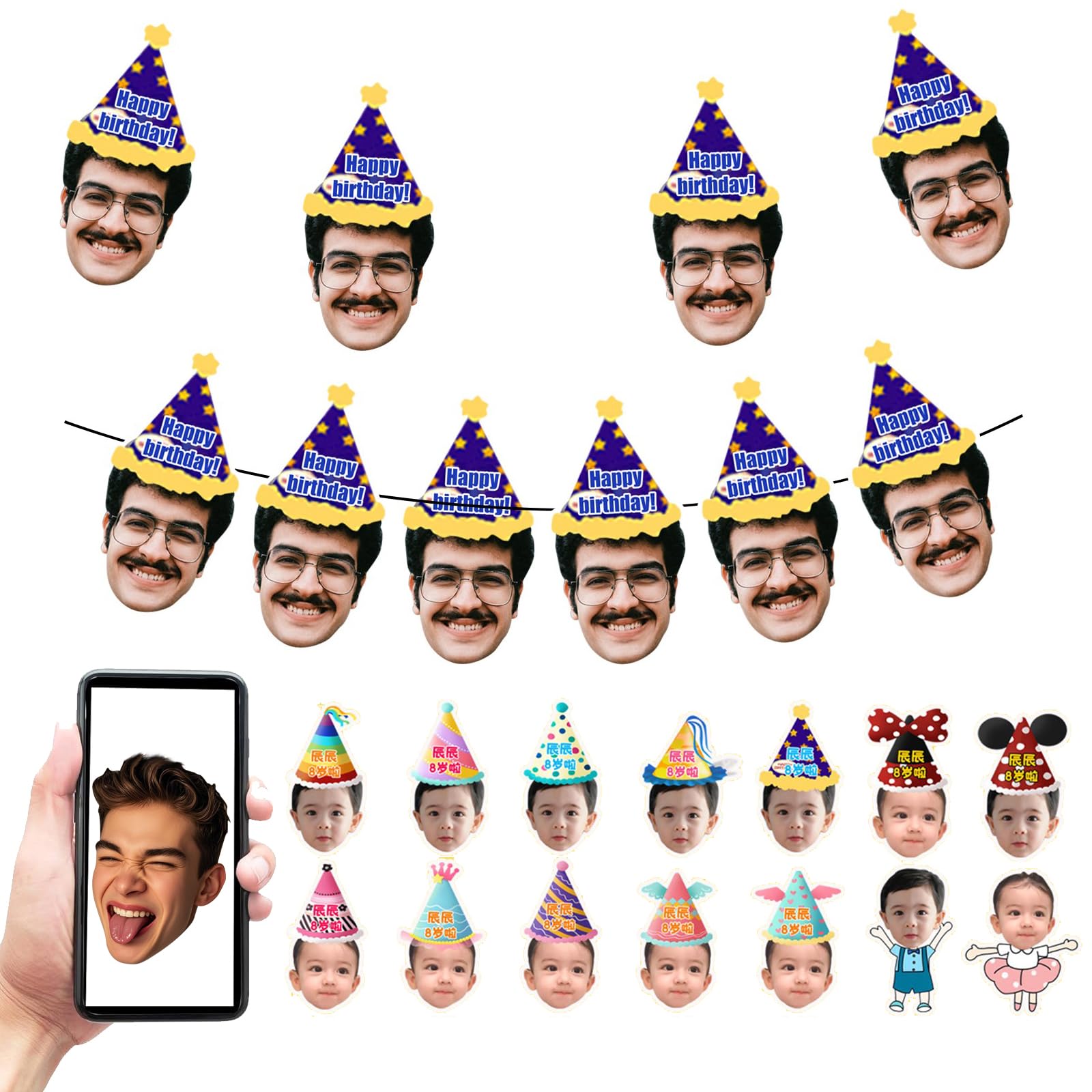 Personalised Photo Bunting, Customized Face and Party Hat, A5 Photo Banner cutout Party Accessory Hen Parties Stag Birthdays，Birthday Decorations (10 Bunting Face)
