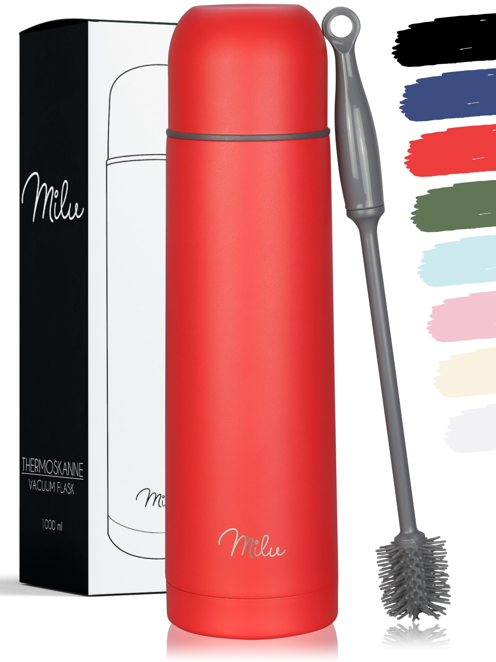 Milu Red Vacuum Insulated Flask 1L, 750Ml, 500Ml - Thermo Water Drinking Bottle With Cup For Hot & Cold Drink - Stainless Steel, 100% Leak-Proof (, 1000Ml)