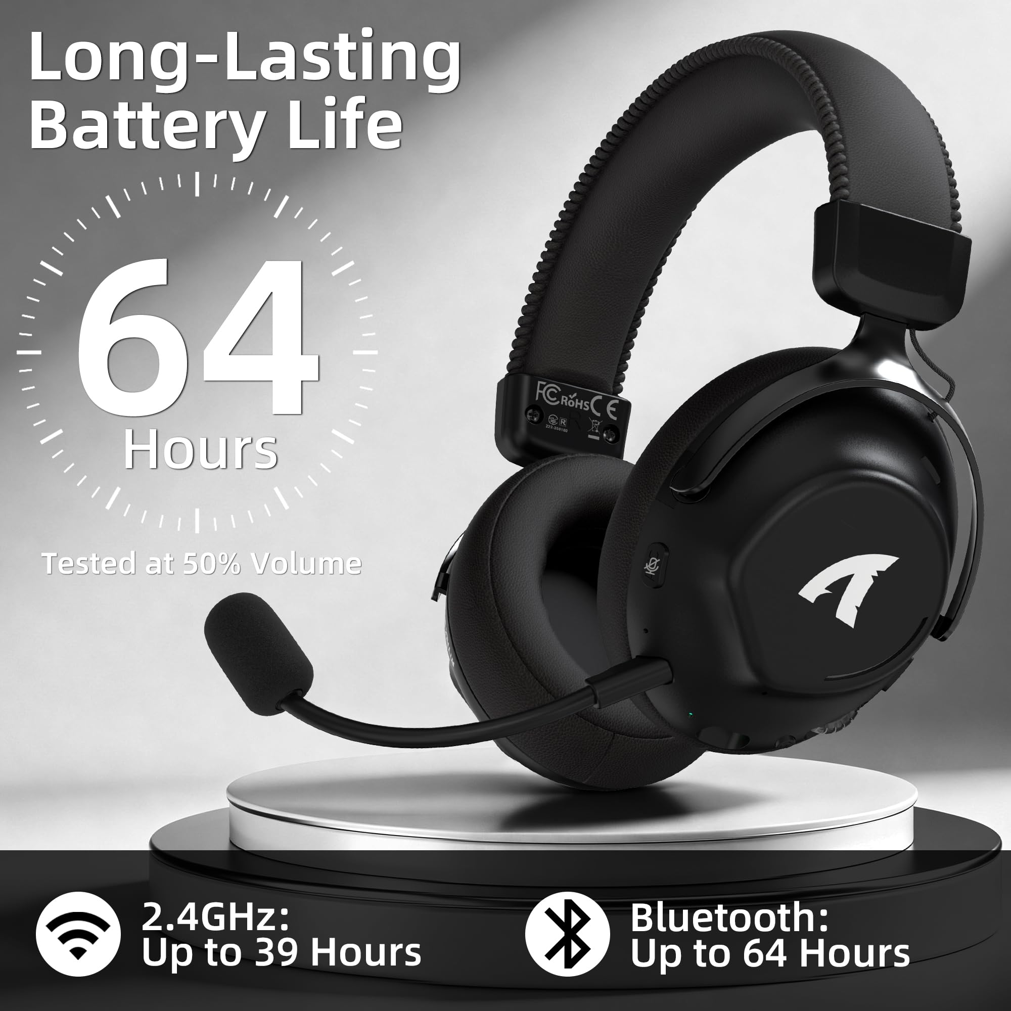 ATTACK SHARK L50PRO 3-Modos 53mm Cascos Gaming Inalámbricos 7.1 - Negro | Bio-Drivers 53mm, Surround 7.1, 2.4G/BT5.3/Cable para PC/PS/Switch, 64H, Estructura Metálica Ligera, Micro 360° Extraíble