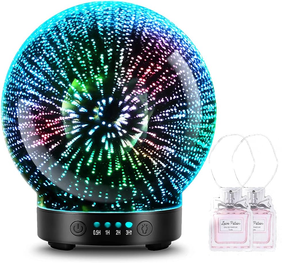 3D Glass Aromatherapy Essential Oil Diffuser – Newest Version Fragrance Oil Humidifier, 7 LED Color Lighting Modes Firework Theme, Premium Ultrasonic Mist, Auto-Off Safety Switch (Black)