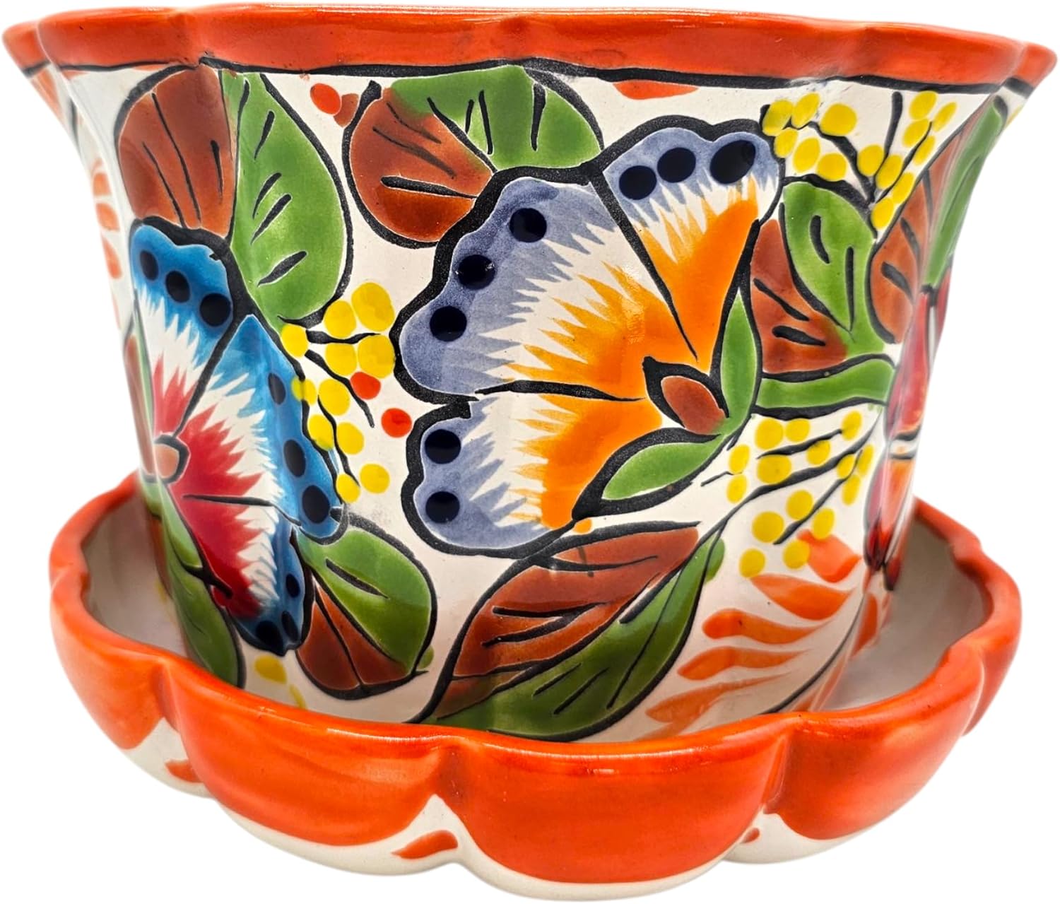 Violet Pot Planter with Saucer Large Hand Painted Indoor Outdoor Multi Colored Figure Glazed Fall