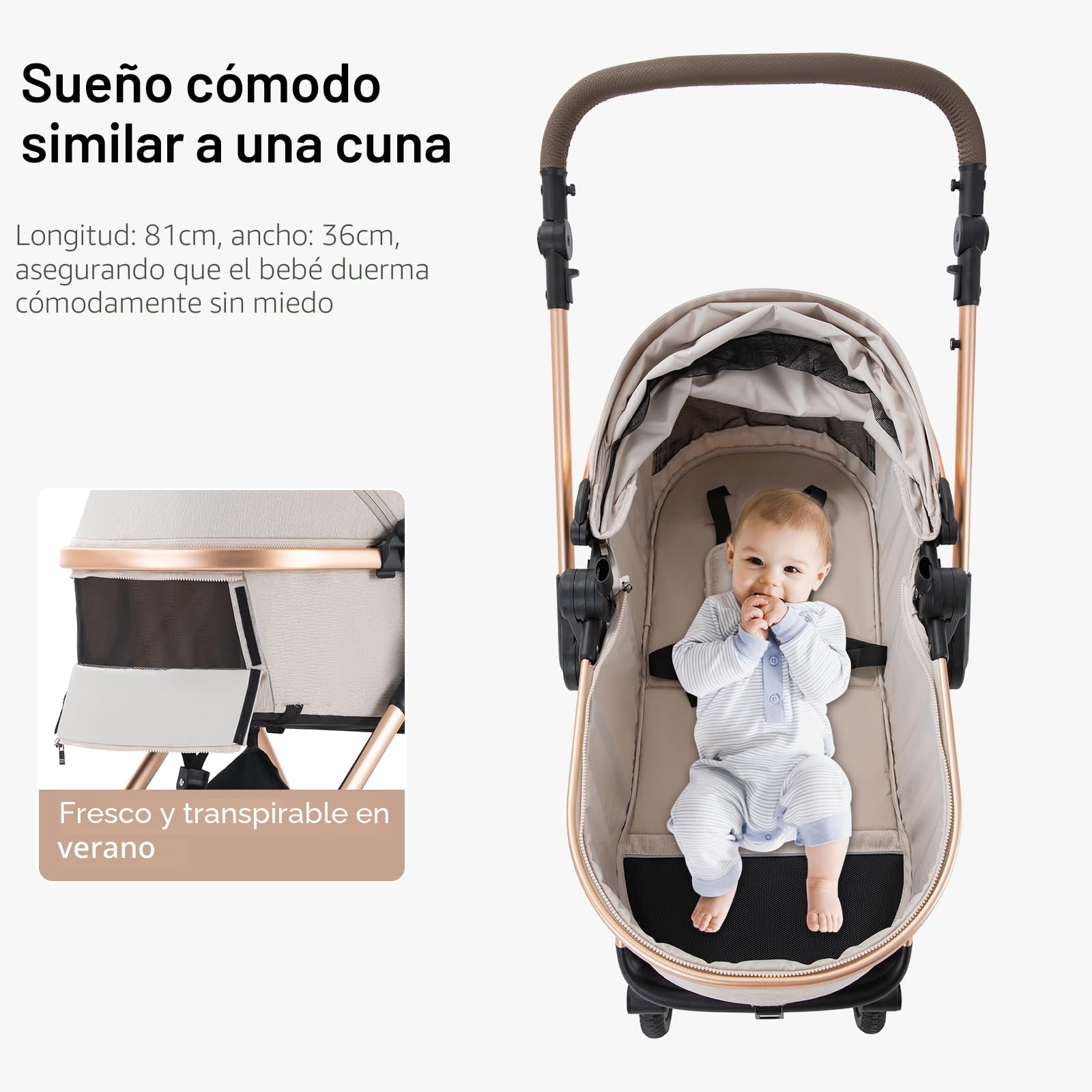 Cochecito 3 en 1 con sistema de viaje, estructura de aluminio, cochecito combinado, ligero y plegable para recién nacidos y niños pequeños de 0 a 36 meses desde el nacimient (RICEWHITE-N, D2)