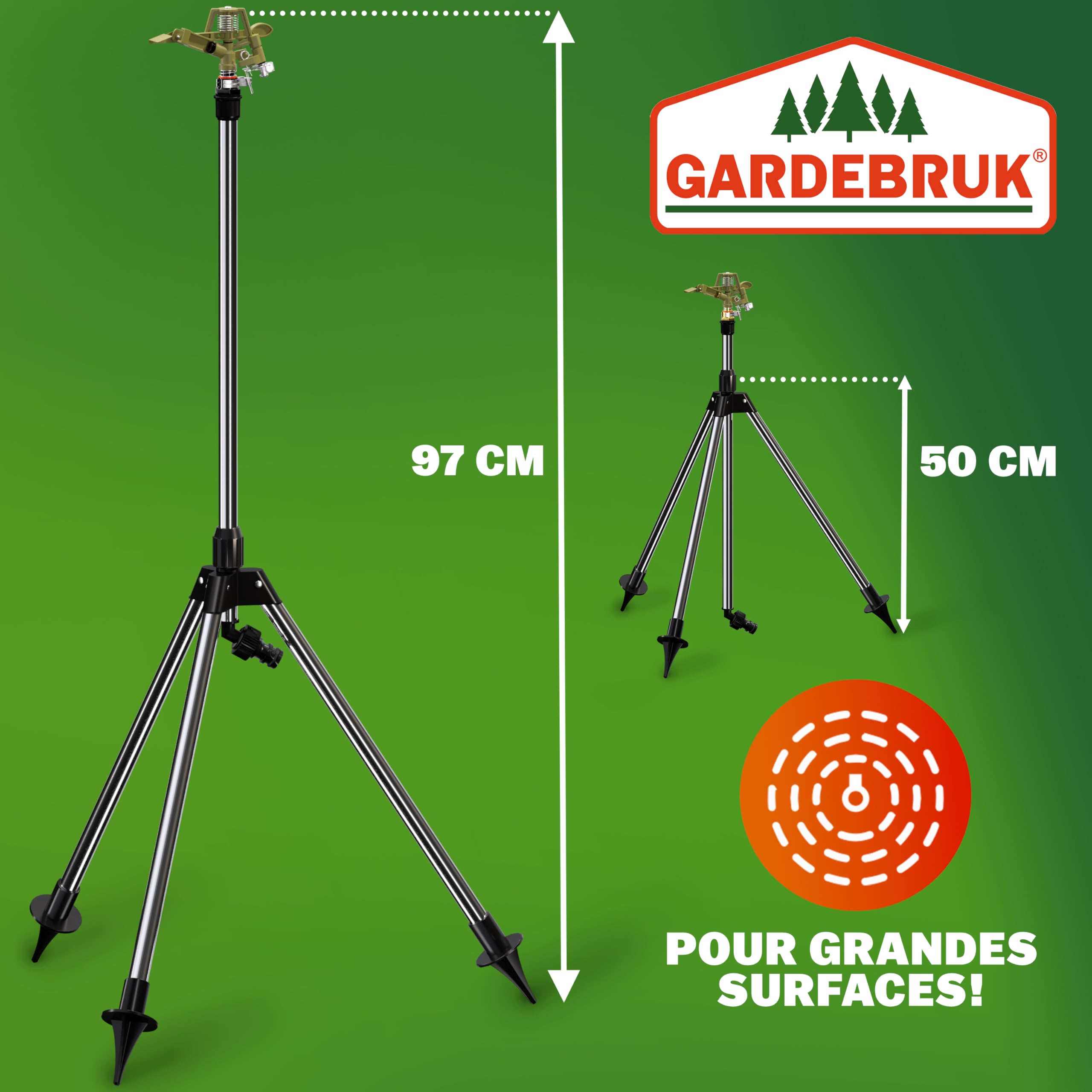 GARDEBRUK® Arroseur Automatique impulsions télescopique Irrigation Max. 24m 360° Embout pulvérisation Sprinkler trépied système Irrigation Jardin