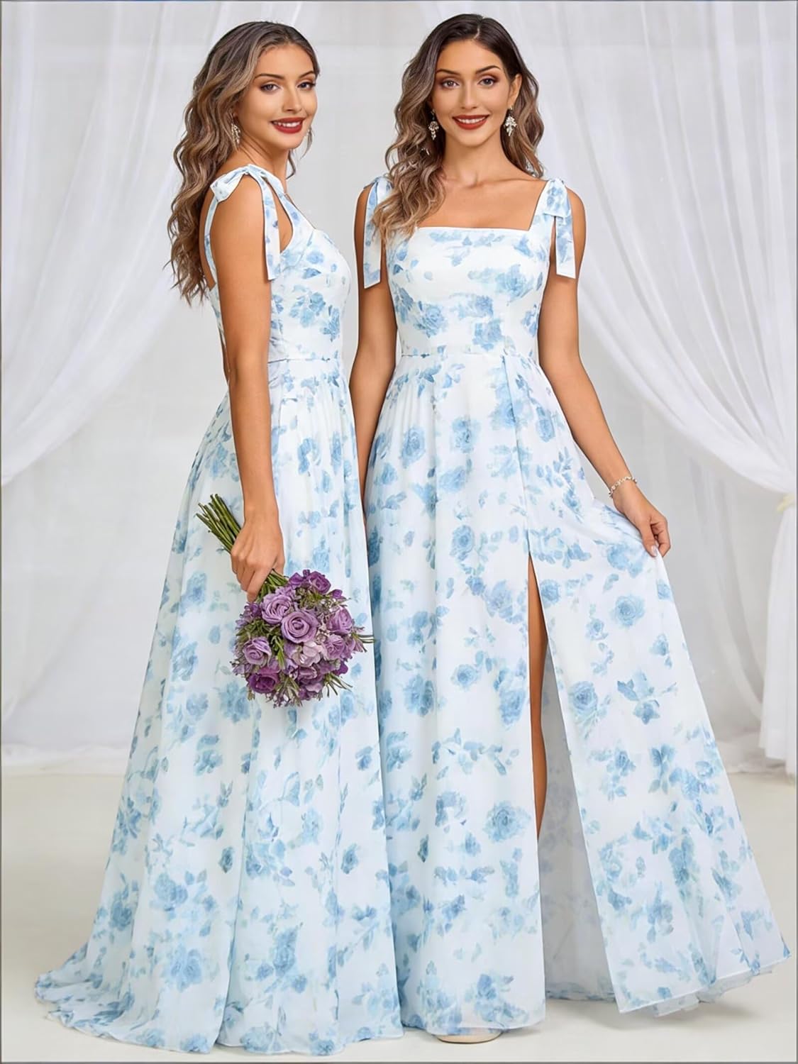 Chiffon Bridesmaid Dresses with Bow Square Neck Long Maxi Modest Formal Wedding Guest Dresses for Women - Image 3