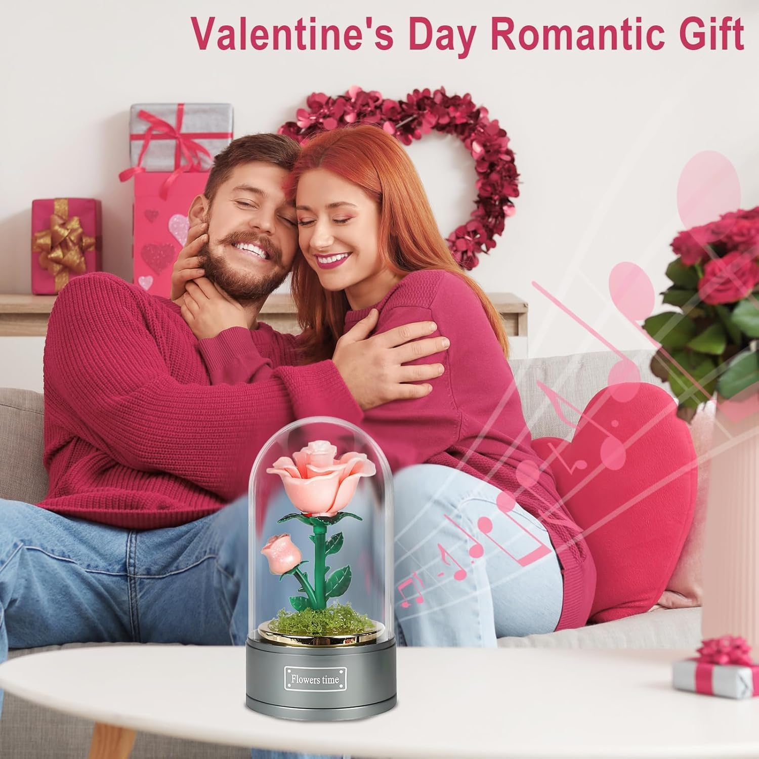 SWEETIME Beauty and The Beast Rose Musical Box,Light Up Pink Rose in Glass Dome,Music Box Gift for Girlfriend Wife Mother Valentines Day Mothers Day Christmas