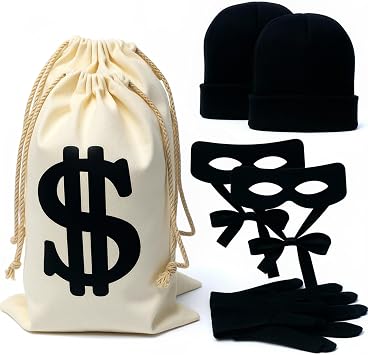 Robber Costume Set - Mask, Money Bag, Knitted Hat, Gloves for Cops and Robbers, Burglar Mask, Halloween Costume