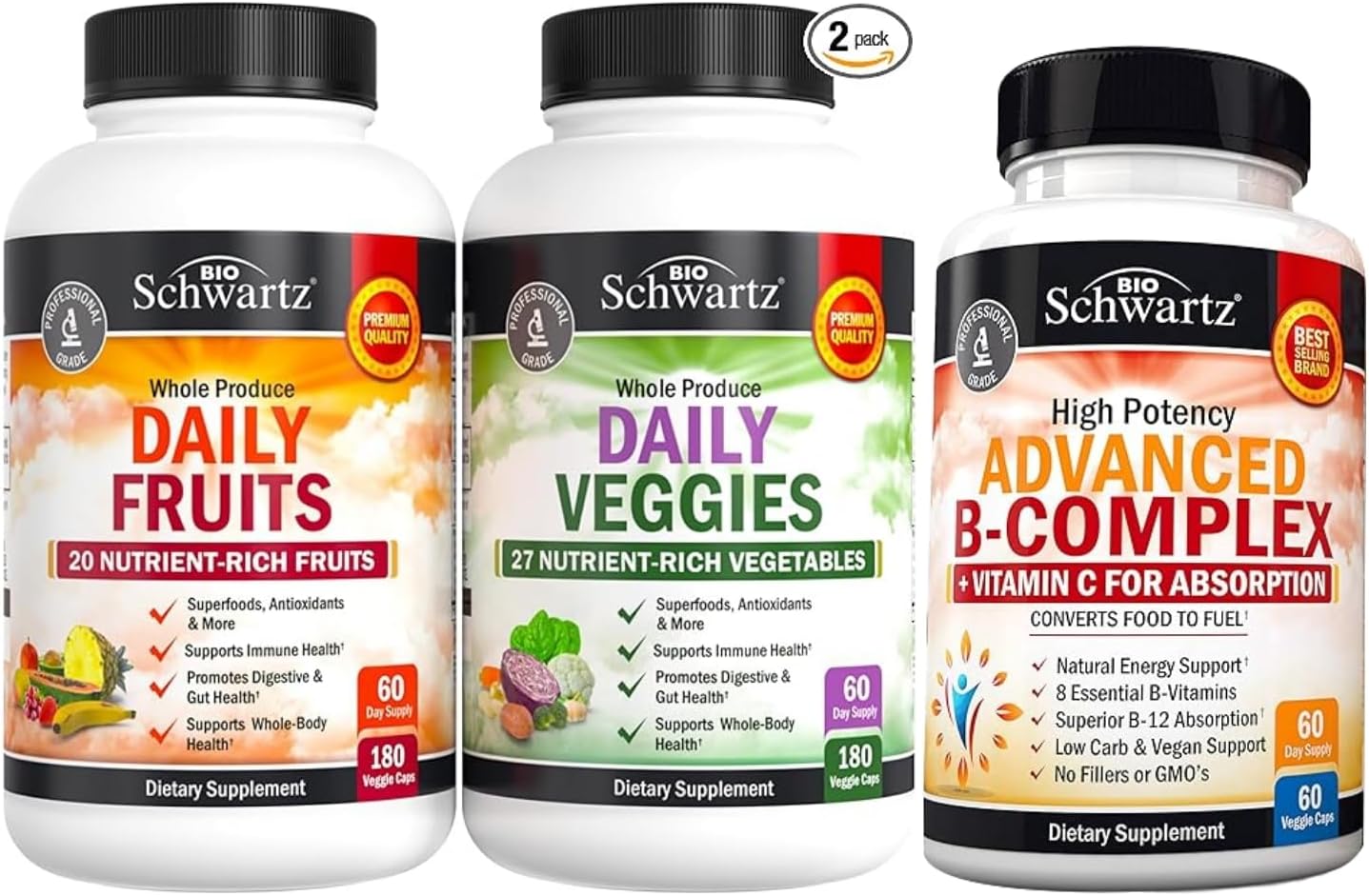 BioSchwartz Daily Fruits and Veggies Supplement for Women and Men (2 Month Supply) Plus Vitamin B Complex with Vitamin C (2 Month Supply)