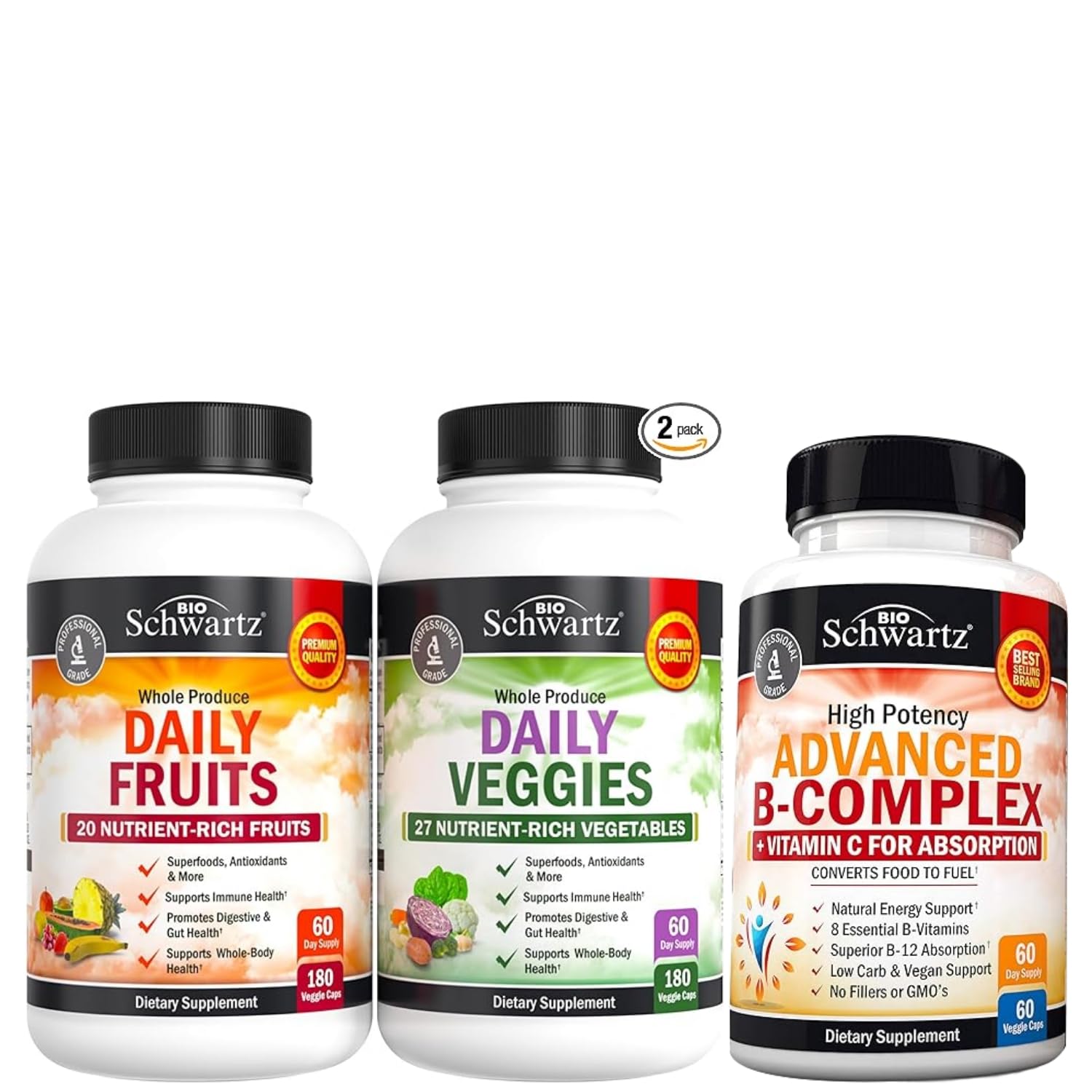 BioSchwartz Daily Fruits and Veggies Supplement for Women and Men (2 Month Supply) Plus Vitamin B Complex with Vitamin C (2 Month Supply)