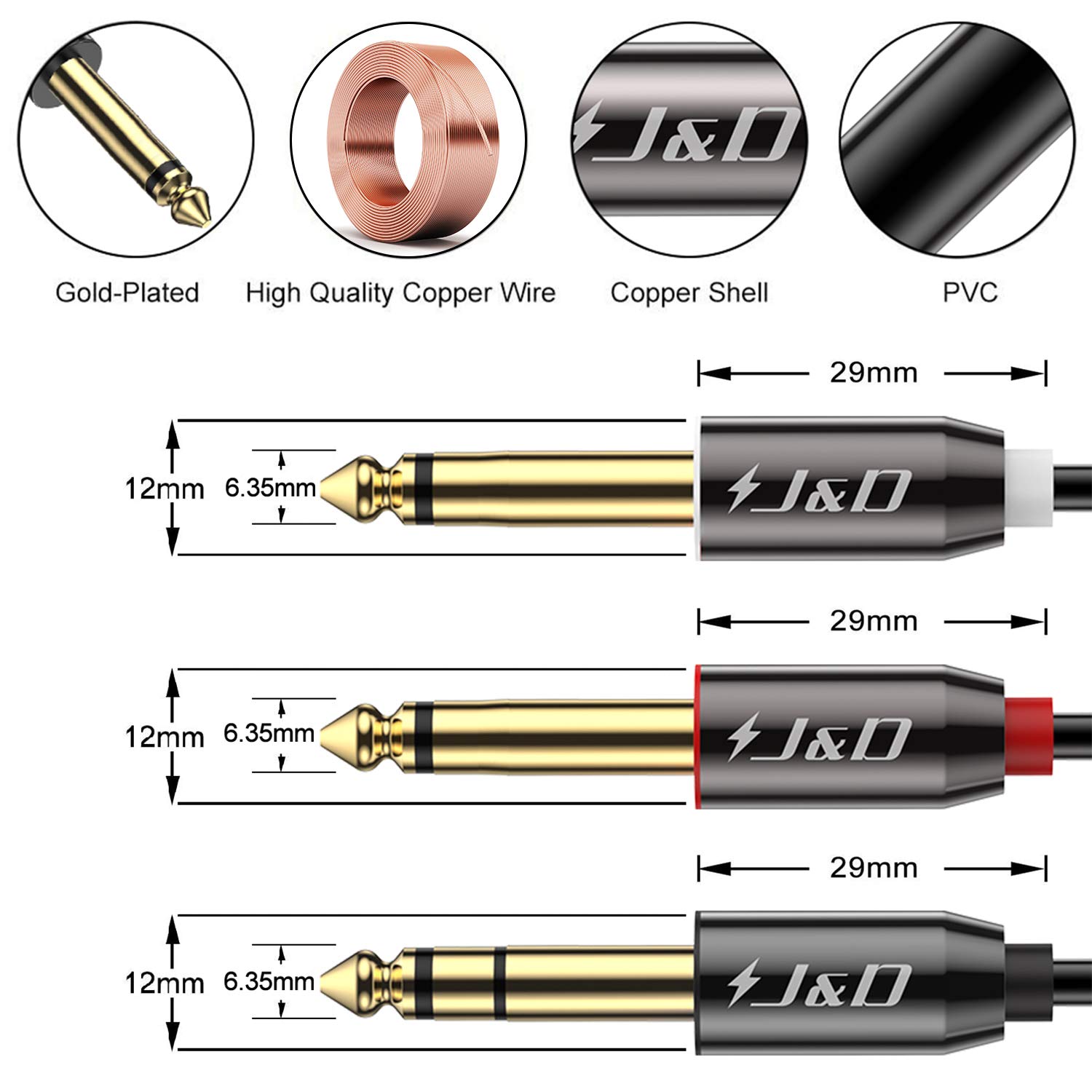 J&D 1/4 inch TRS Y-Splitter Insert Cable Lead Stereo Jack Cable 15 Feet/4.5 Meter - Image 3