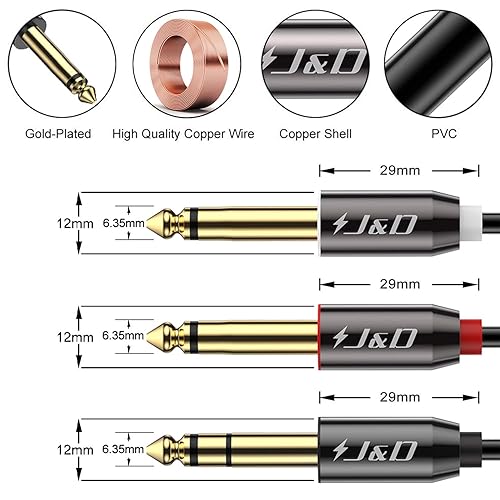 Miniatura 3 de J&D Cable de inserción estéreo TRS de 0.250 in y 1/4 de pulgada, carcasa de cobre chapada en oro, cable de conexión mono macho a macho, cable