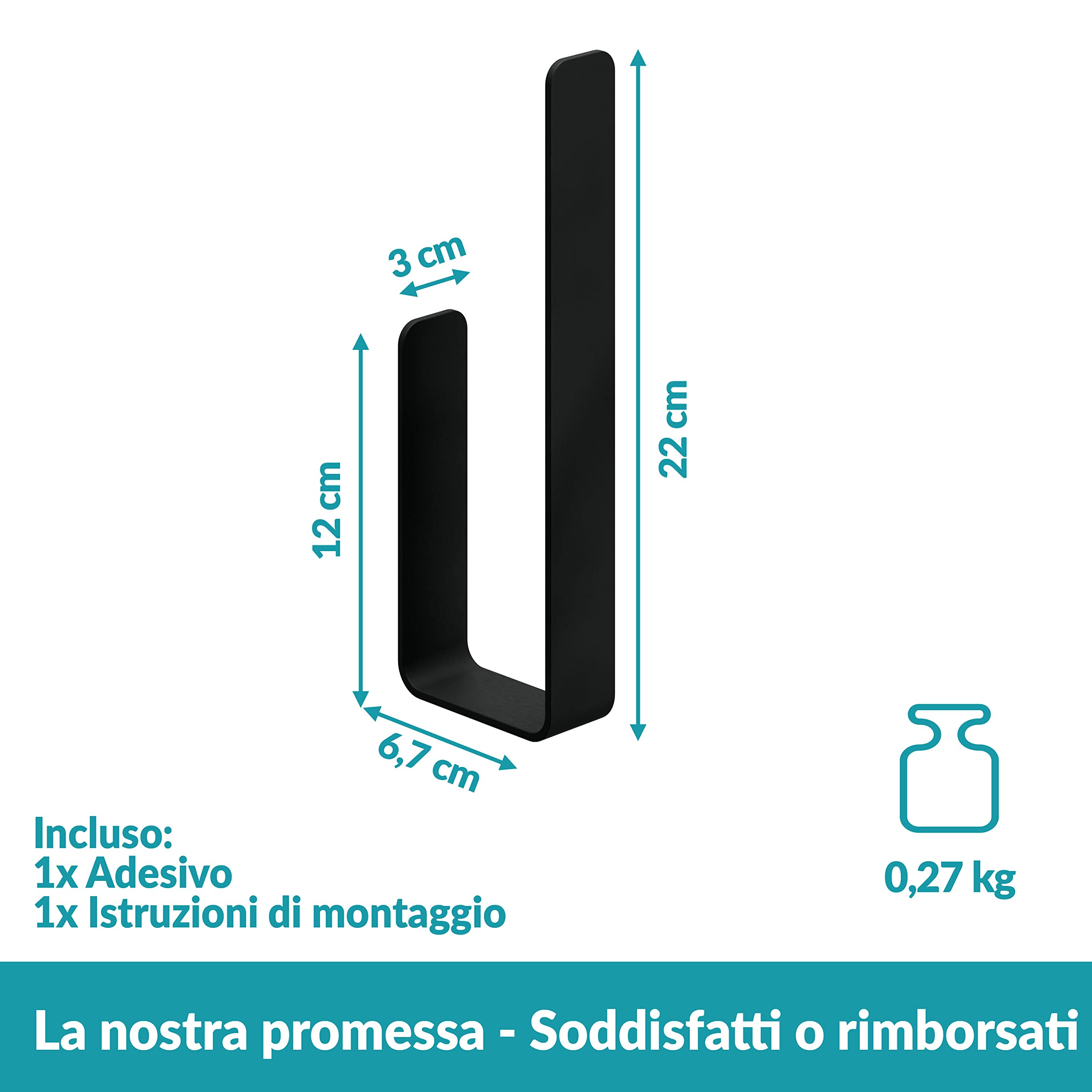WEISSENSTEIN Portarotoli carta igienica scorta da muro - Porta rotolo bagno acciaio inox satinato - Porta carta igienica nera adesiva verticale