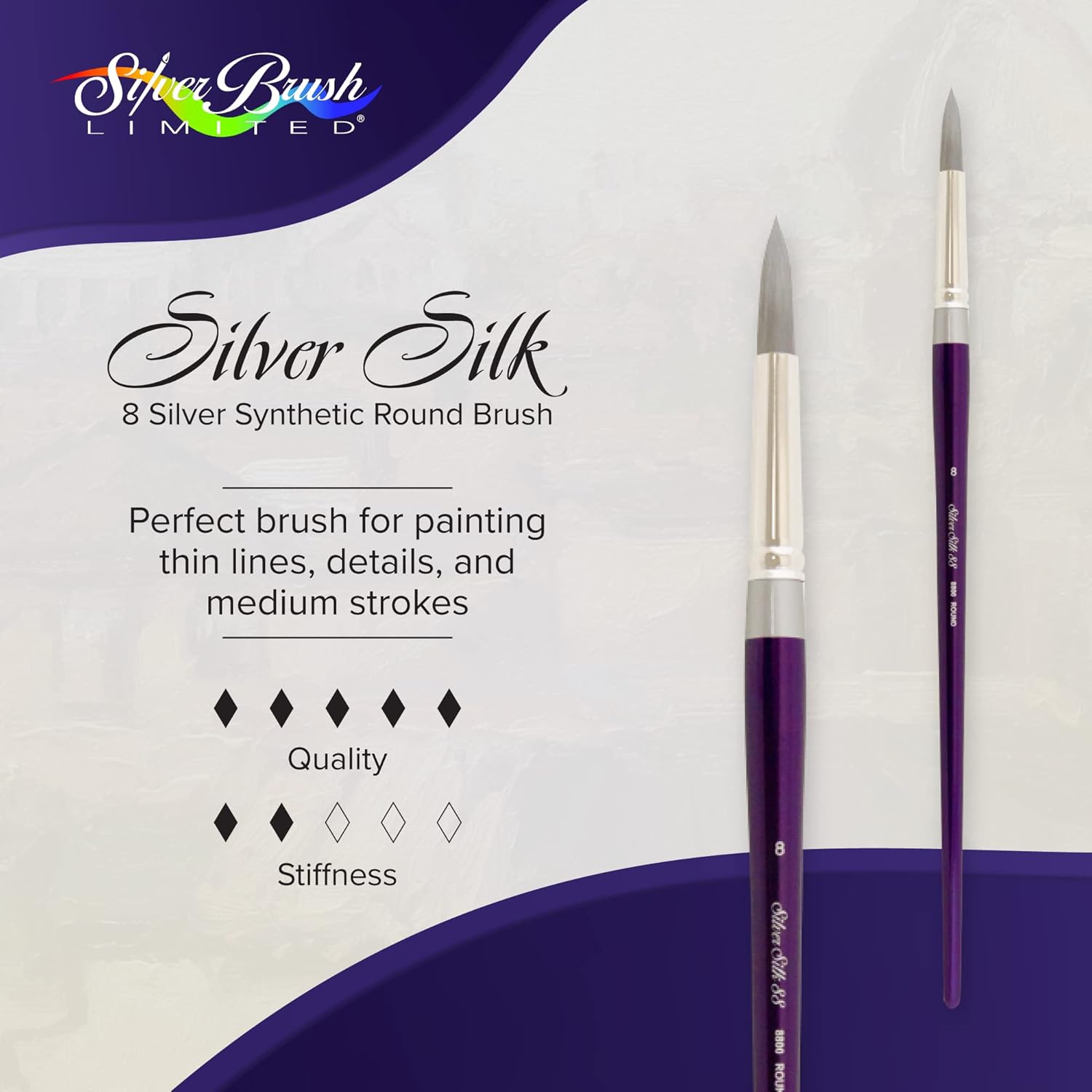 Silver Brush Limited 8800-8 Silver Silk 88 Silver Synthetic Round Brush for Oil Paintings, Size 8, Long Handle
