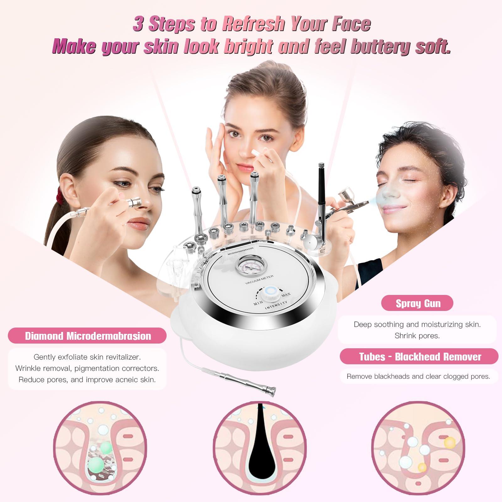TopDirect - Macchina diamantata 3 in 1, attrezzatura per la cura della pelle del viso, dispositivo di bellezza con pistola a spruzzo (forte potenza di aspirazione: 65-68 cmhg)
