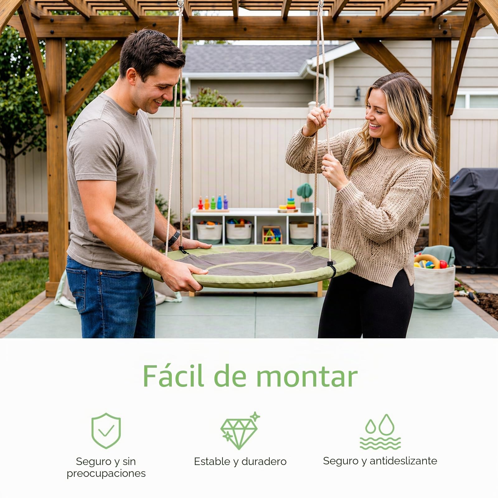 Columpio Nido 120 cm para Niños y Adultos, Columpio de Jardín Exterior e Interior con Cuerda Ajustable, Gran Resistencia hasta 300 kg, Asiento Redondo Robusto y Segurom, Verde grisáceo