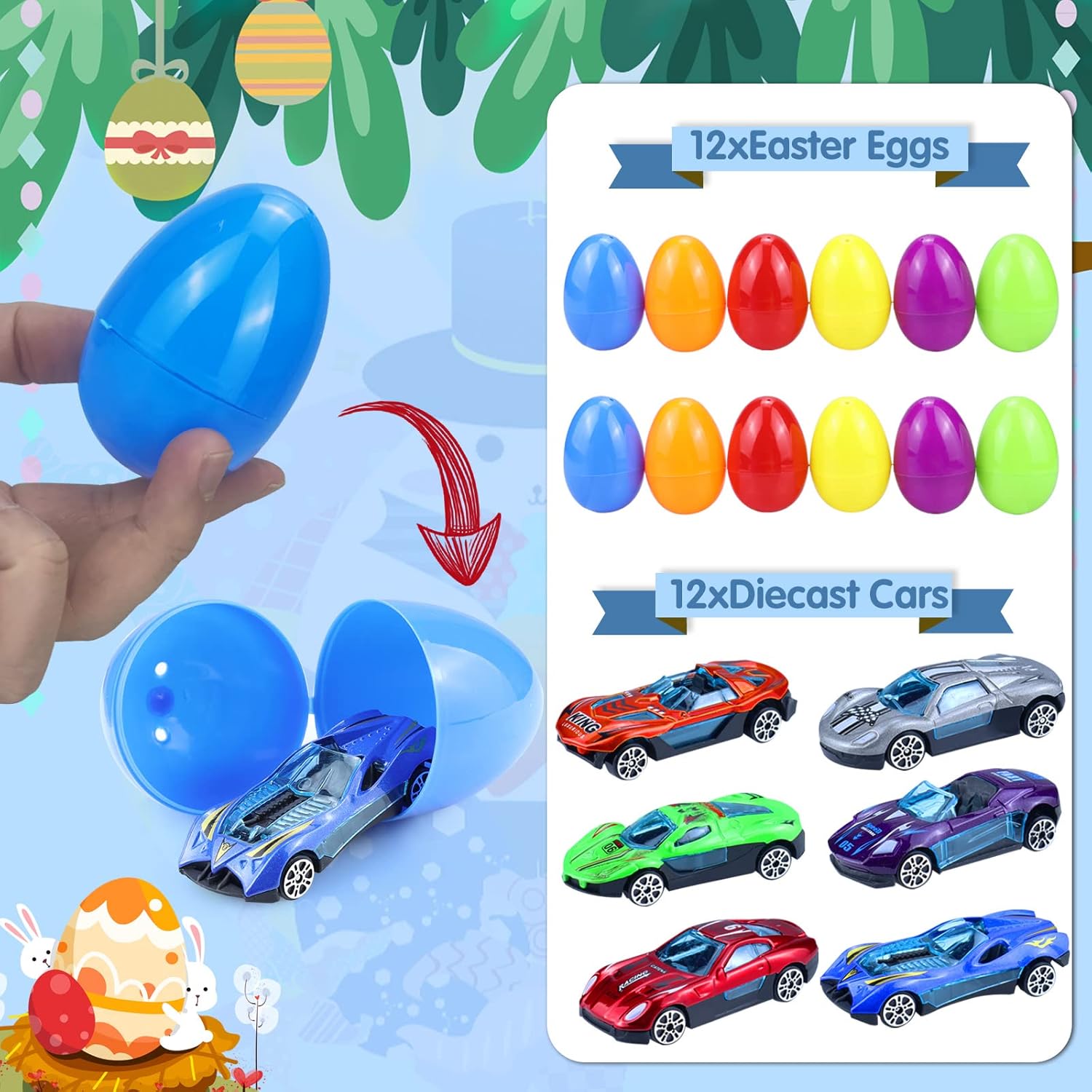OCHIDO 12Pack Easter Eggs Filled with Die-Cast Cars, Prefilled Easter Eggs with Toys Inside for Kids Easter Basket Essentials, Easter Egg Hunting Games Party Favor Supplies