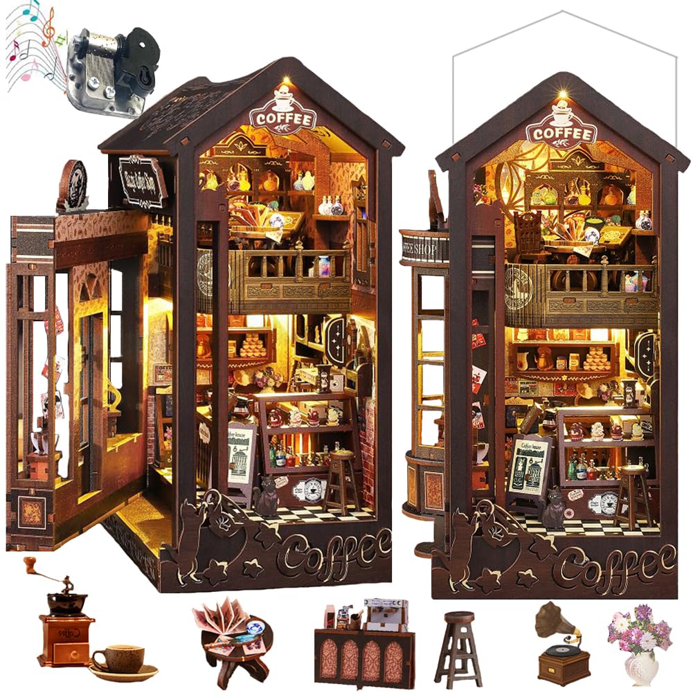 IiecrKiie DIY Miniature Coffee Shop Book Nook Kit, LED Light, Dollhouse Model 3D Puzzle, Assembly Bookend for Adult