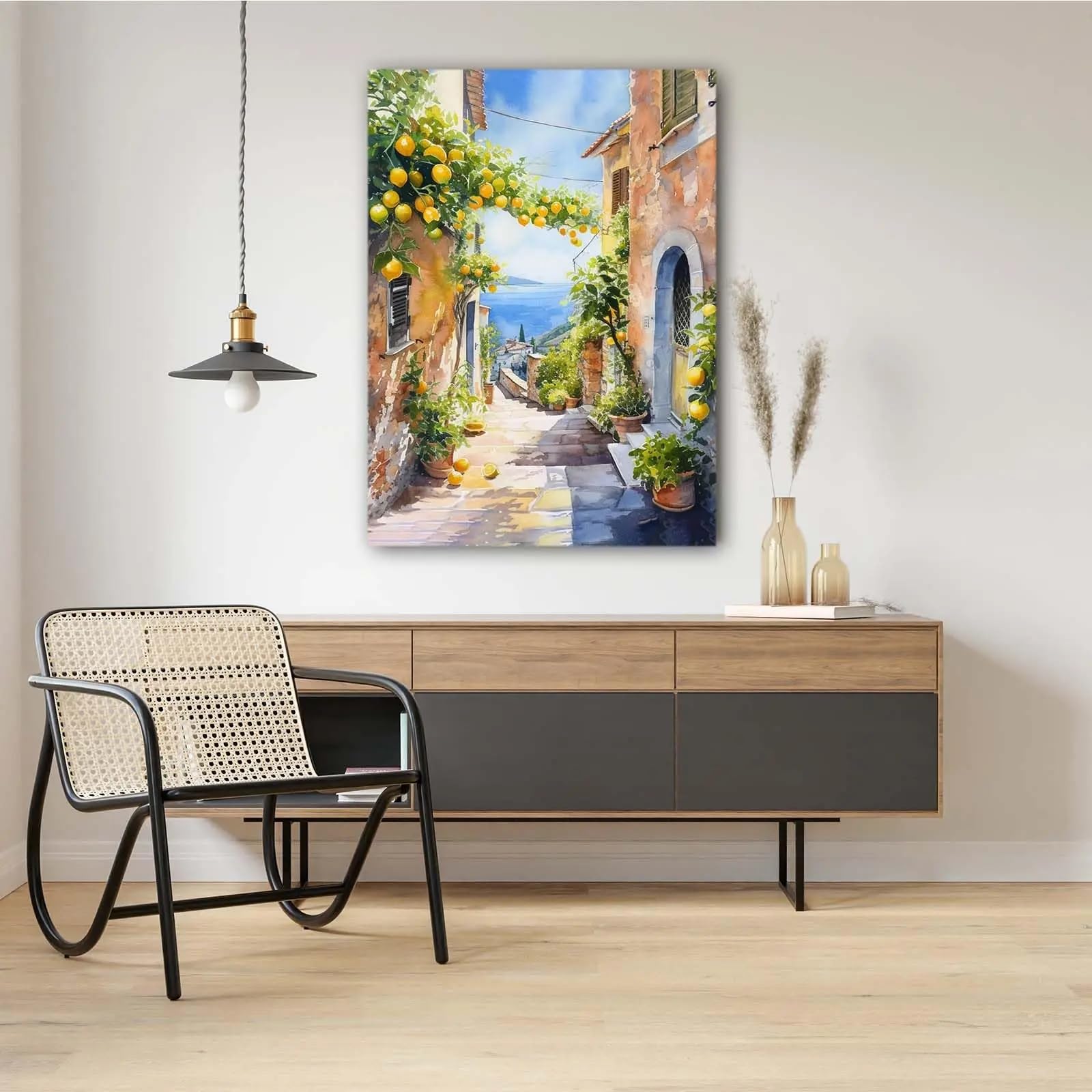 Gosrd Frameless Canvas Art Coast Lemon Tree Mediterranean Watercolor Poster, Modern Home Decor For Living Room, Bedroom(60X90cm)