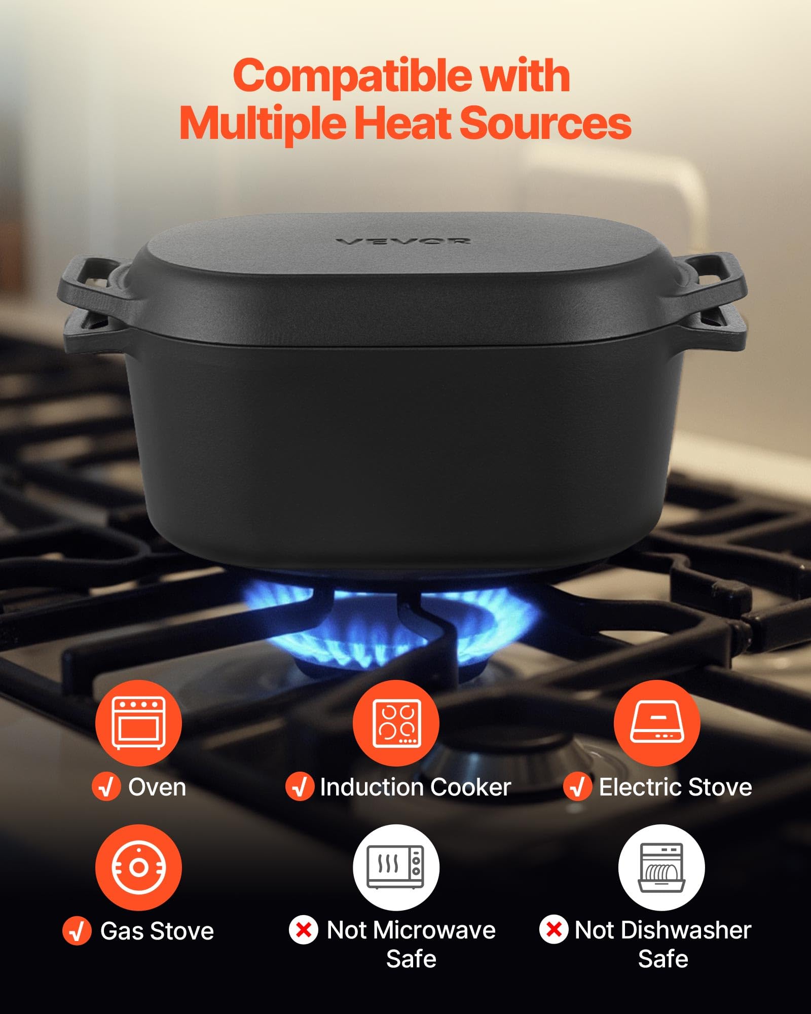 VEVOR Forno Olandese in Ghisa Smaltata, Pentola da 3,3 l con Coperchio e Doppi Manici, Pentola Durevole, Compatibile con Forni a Induzione Fino a 260 ℃, per Brasare, Stufati, Arrostire, Nero