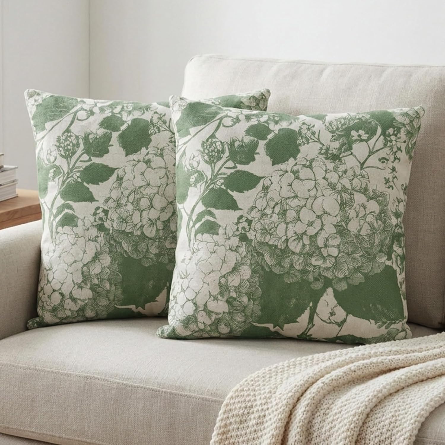 MAMYL Set of 2 Linen Floral Pillow Covers, Hydrangea Pattern Throw Pillow Covers, Boho Vintage Cushion Covers for Sofa, Living Room, Bedroom, Farmhouse Decor (Green, 24''X24'')