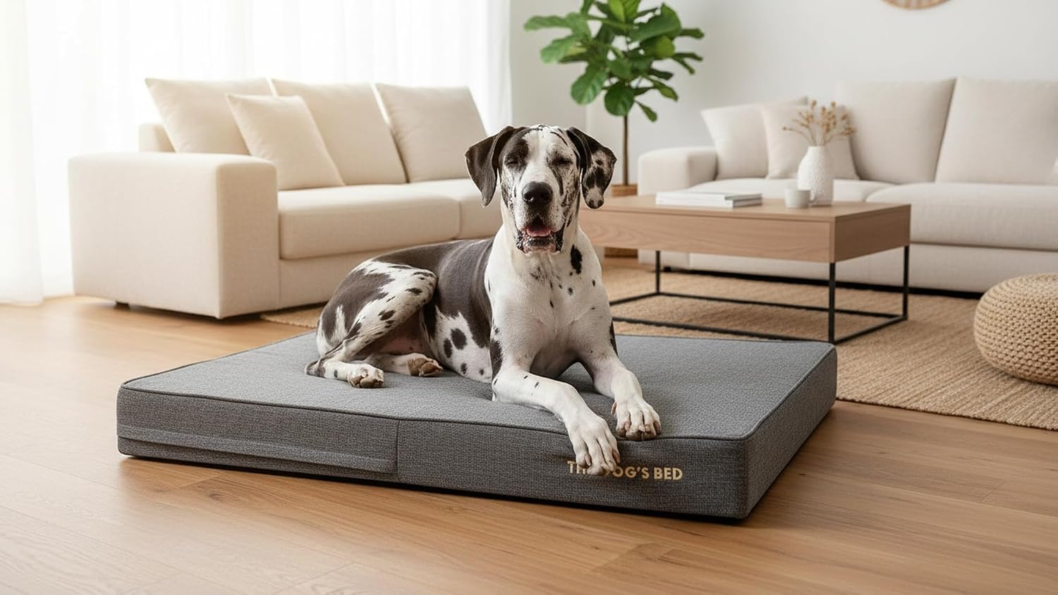 The Dog’s Bed Orthopedic Memory Foam Dog Bed for XXL Dogs, Waterproof Washable Cover, Anti-Slip Base, Calming Surface – CertiPUR-Certified Foam, Grey Linen, 6 Inch Thick