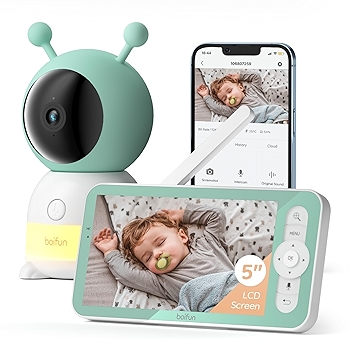 BOIFUN WiFi视频婴儿监视器，5寸3MP显示屏，360°摄像头，夜灯，手机APP控制，自动追踪，AI运动与声音检测，3000mAh电池，双向音频