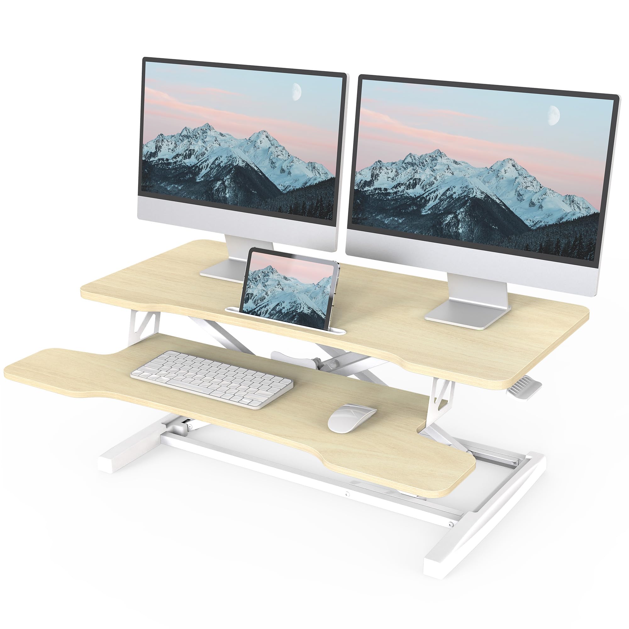 FITUEYESHeight Adjustable Standing Desk 36” Wide Sit to Stand Converter Stand Up Desk Tabletop Workstation for Laptops Dual Monitor Riser Oak SD309104WO
