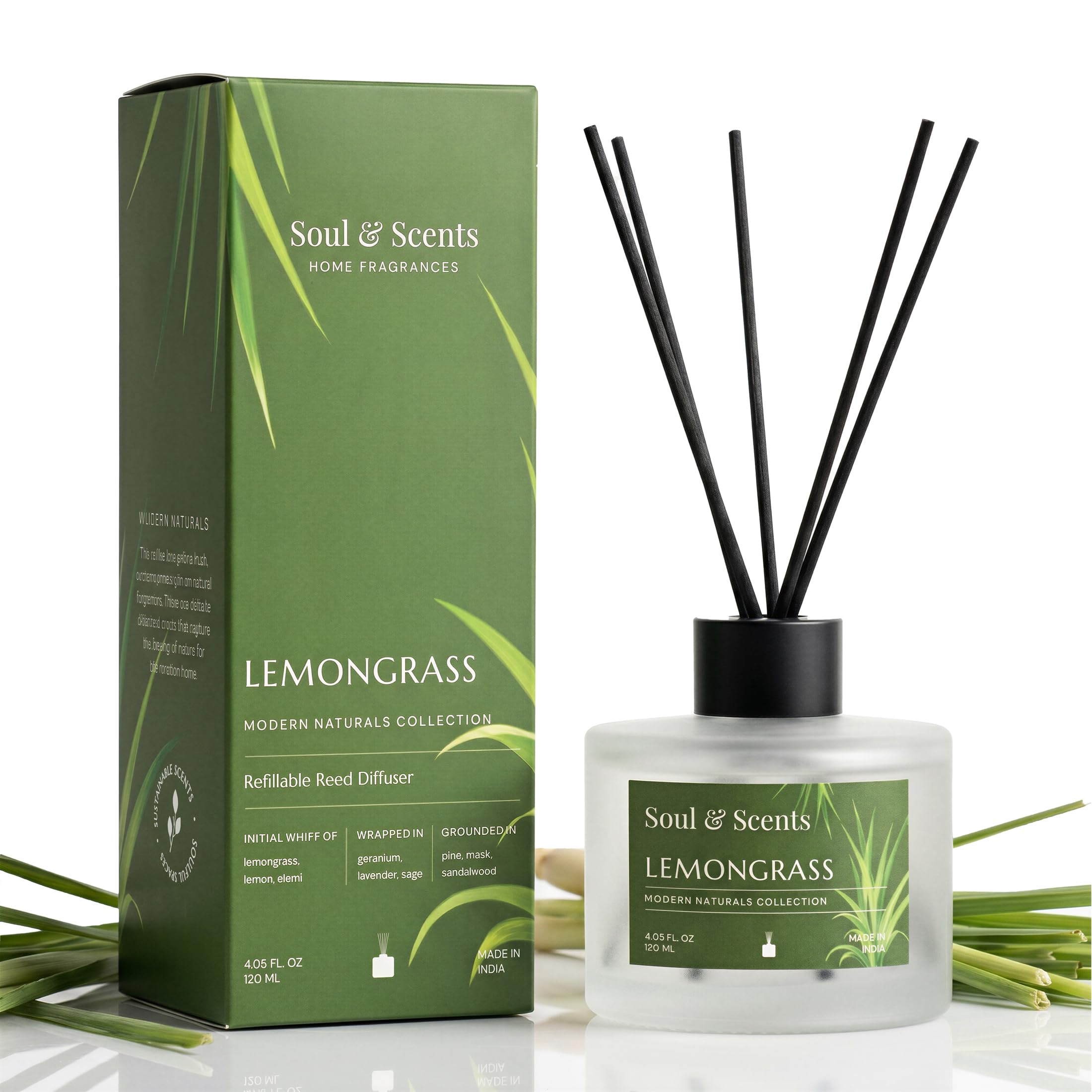 Soul & Scents Glass 120ml Lemongrass Reed Diffuser Set | Free 6 Fiber Reed Sticks | Stress Relief & Aromatherapy | Long-Lasting, Smoke-Free Air Freshener for Home, Bedroom & Office | Ideal for Gifting