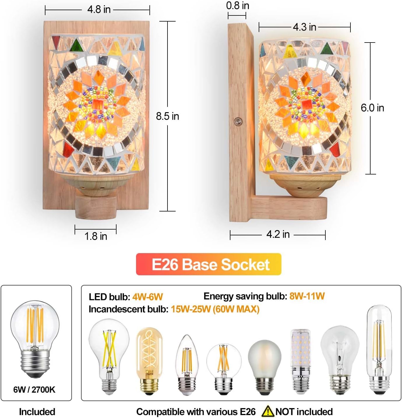 Bedside Colored Mosaic Glass Wall Sconce, Handmade Mediterranean Bohemian Turkish Moroccan Wall Lamp Stained Glass Wall Light Fixtures for Bedroom Living Room Hallway Vanity Corridor Bulb Included