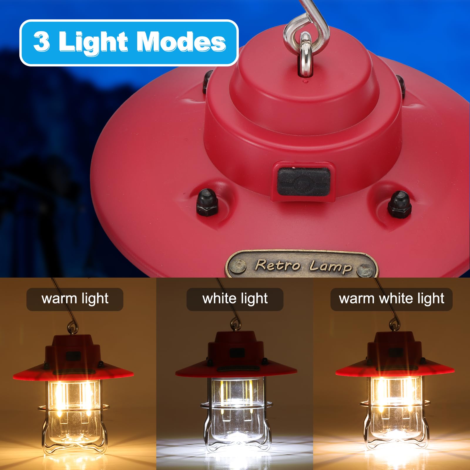 PATIKIL Lanterna da campeggio a LED, confezione da 2 lanterne ricaricabili vintage, 3 modalità di illuminazione, portatile, da appendere, per campeggio, escursionismo, pesca, rosso, nero, 9 cm