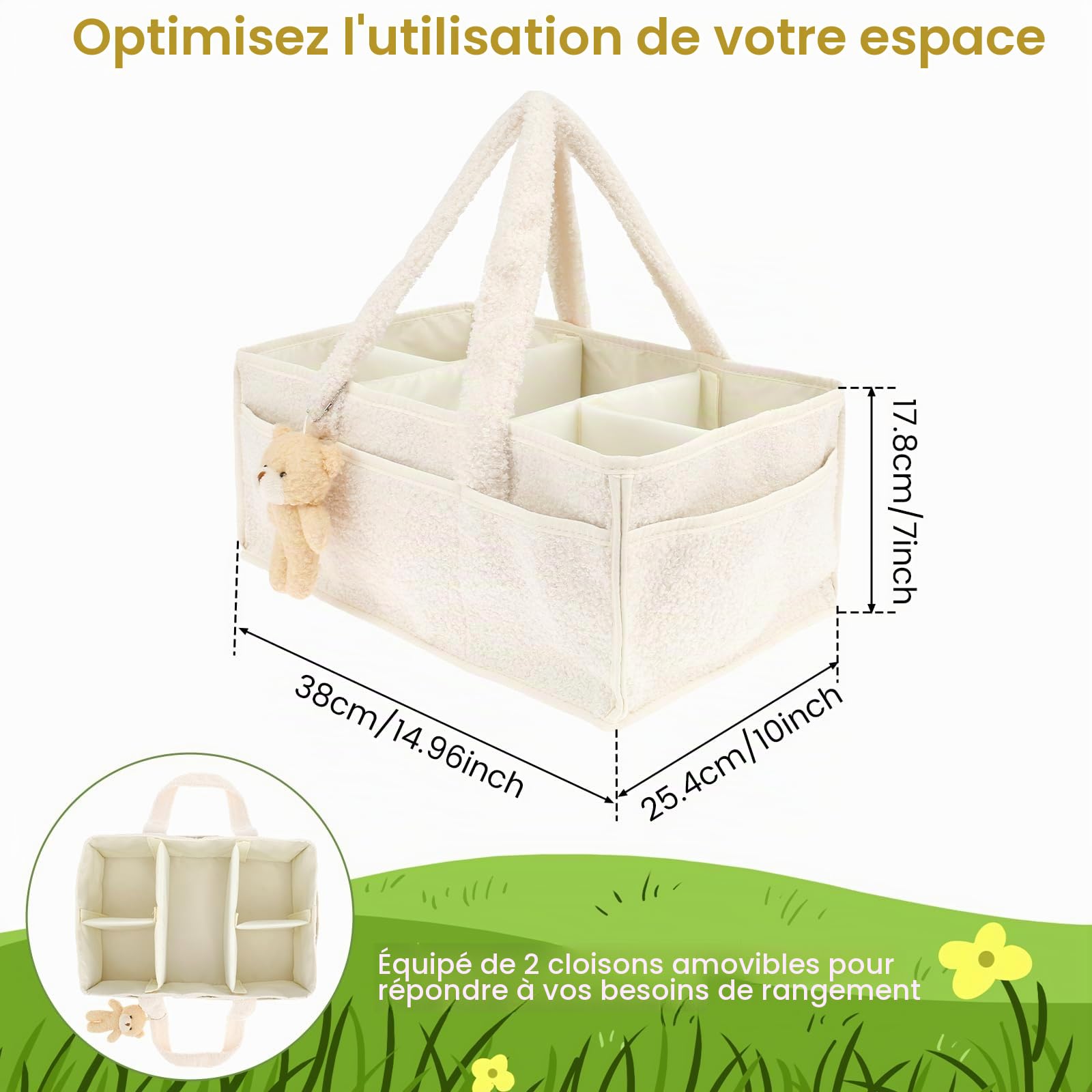 Organiseur de couches pour bébé avec séparateurs amovibles - Panier de rangement portable en feutre pour chambre d'enfant - Sac à lingettes pour tout-petits - Cadeaux essentiels pour