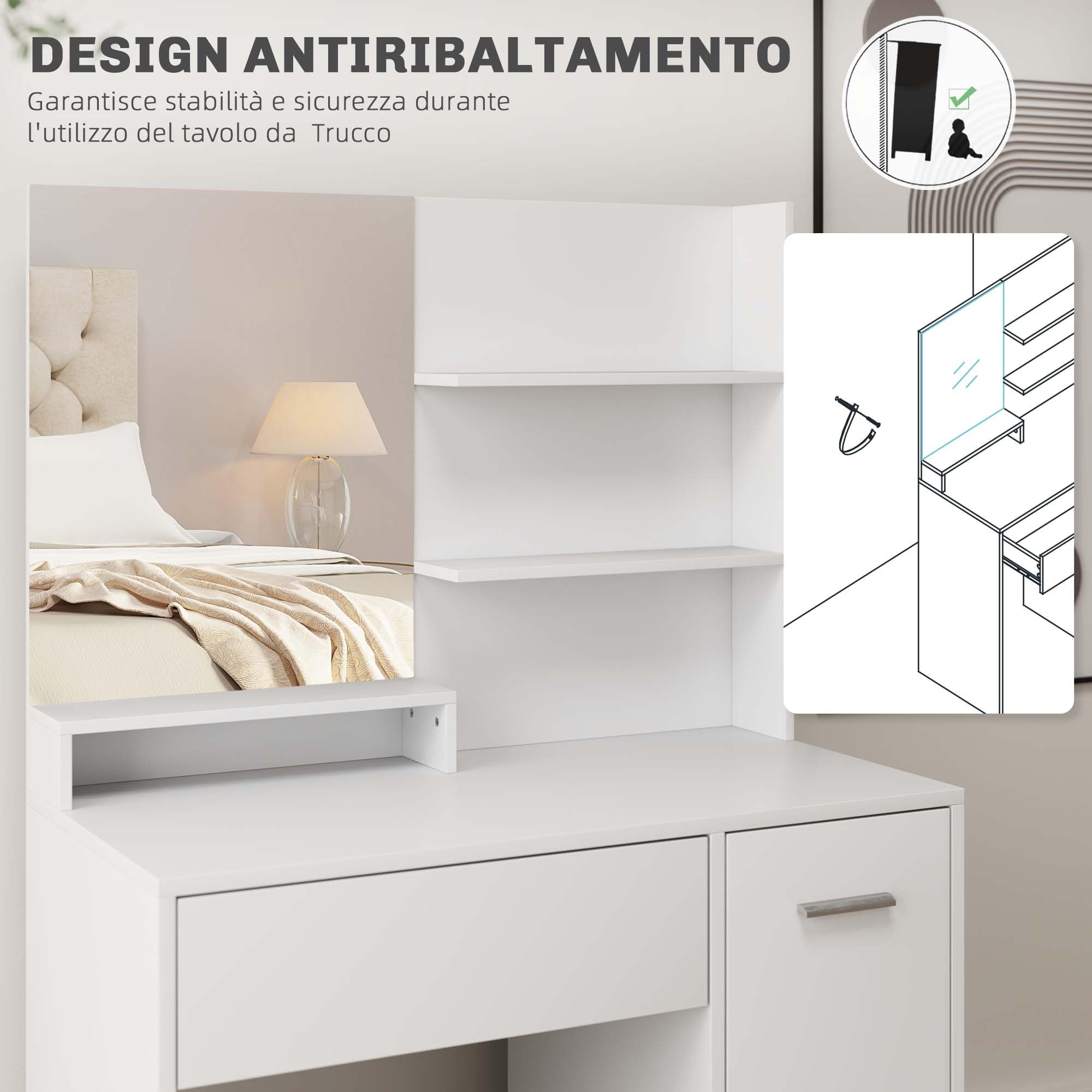 HOMCOM Toeletta Trucco con Specchio e Sgabello con Cassetto Bianco | Postazione Trucco, Armadietto e Ripiani in Legno