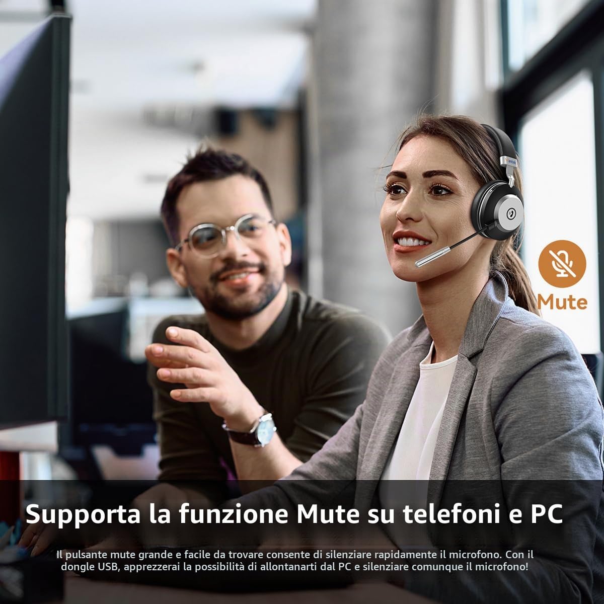 Wantek Cuffie senza fili Bluetooth con microfono dongle USB senza fili con microfono, dongle USB per PC/Ufficio/Zoom/Skype/Laptop
