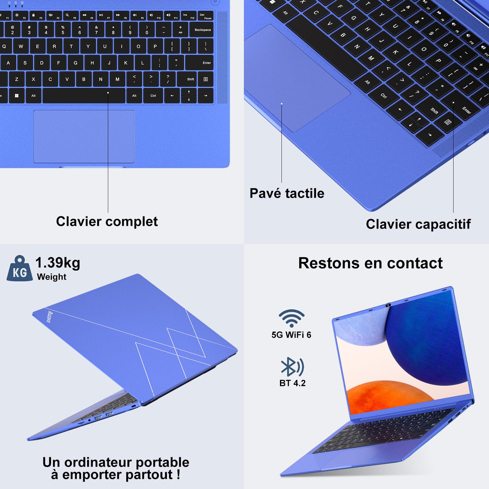 Ordinateur Portable 14 Pouces Celeron N5095(jusqu'à 2,9 GHz)8Go RAM Win11 256Go SSD Extension1To 5G WiFi 1920x1080FHD PC Portable avec Souris sans Fil qwerty Clavier AZERTY Membranedu Clavier-Violet10