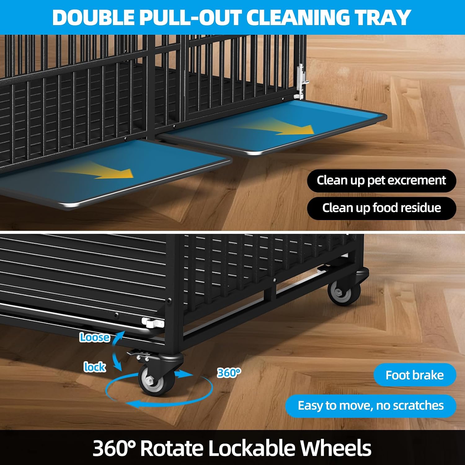 Heavy Duty Dog Crate 64" Inch Indestructible Escape Proof High Anxiety Dog Pet Kennel Cage for Extra XL Large Giant Breeds Double Doors Locakable Wheels