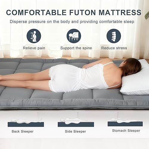 Miniatura 2 de Futón japonés para colchón de suelo, colchón plegable grueso de 5 capas, cómoda alfombrilla de espuma para tatami (gris, Queen)